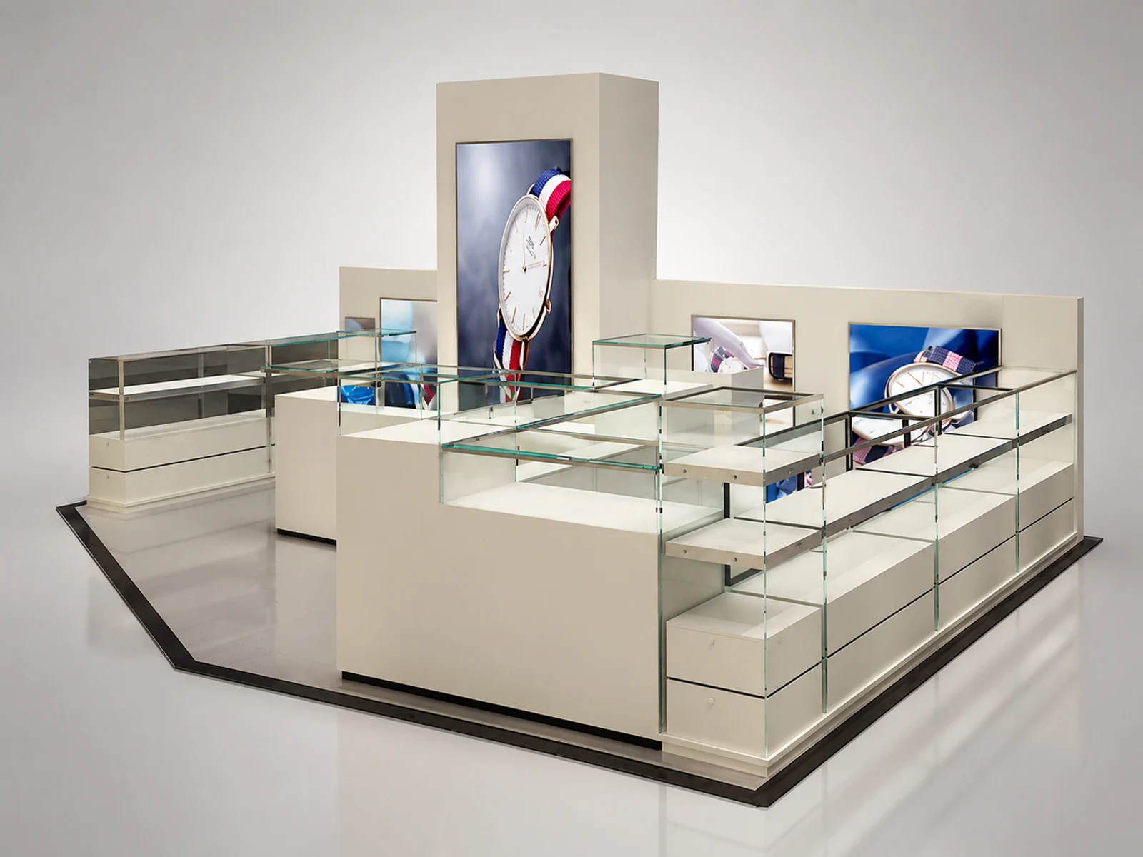Pop-up watch retail shop in mall w/ glass showcase & retail stand for sale opposite angle and kiosk depth