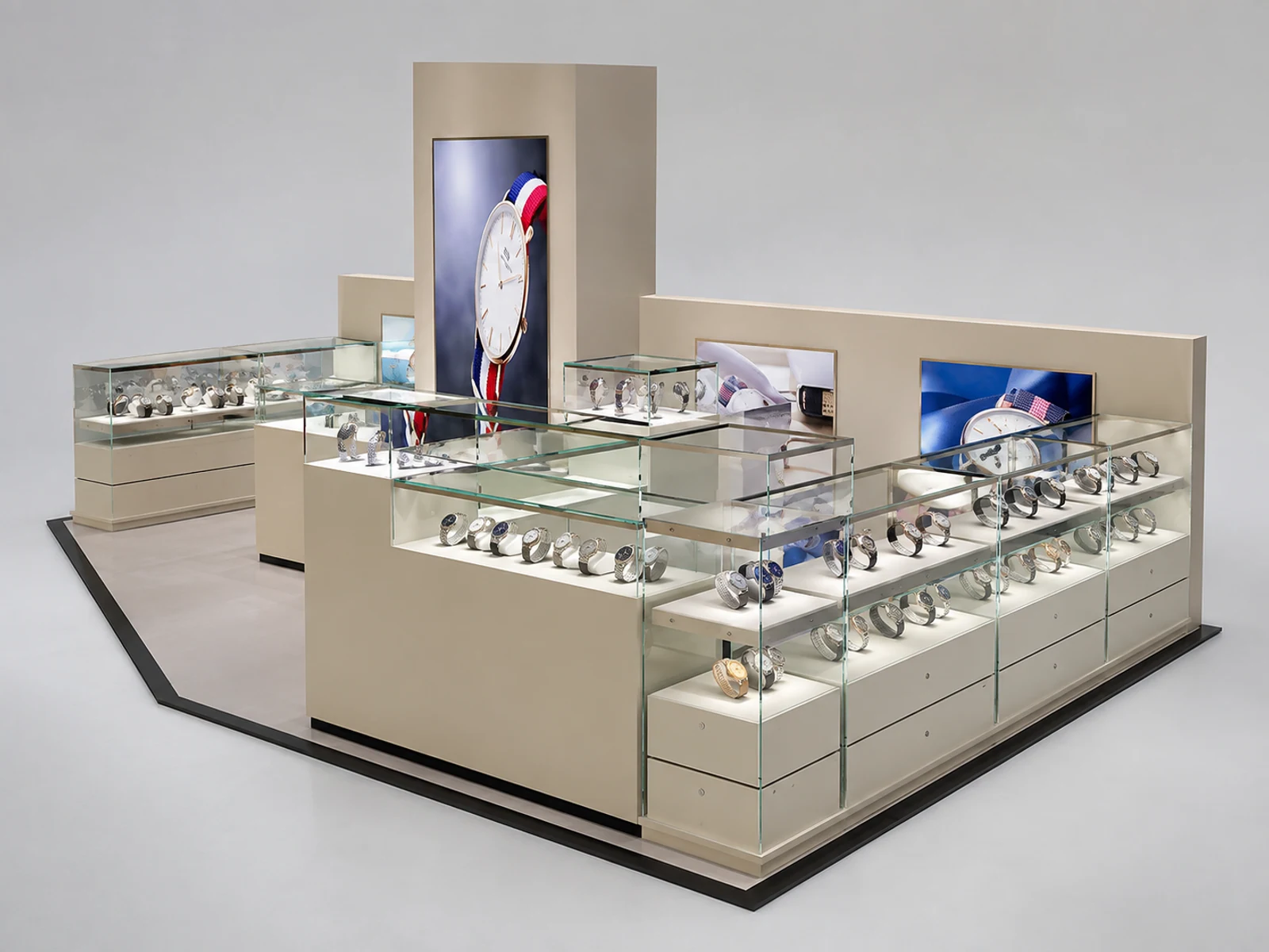 Pop-up watch retail shop in mall w/ glass showcase & retail stand for sale illuminated glass watch showcase detail