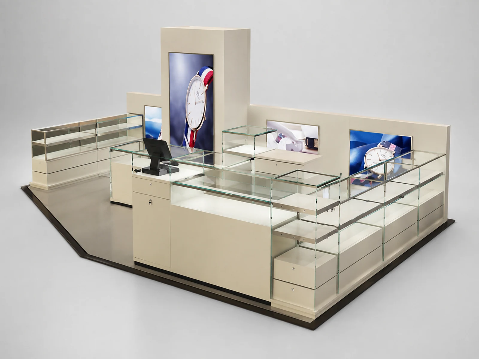 Pop-up watch retail shop in mall w/ glass showcase & retail stand for sale staff-side storage and checkout view