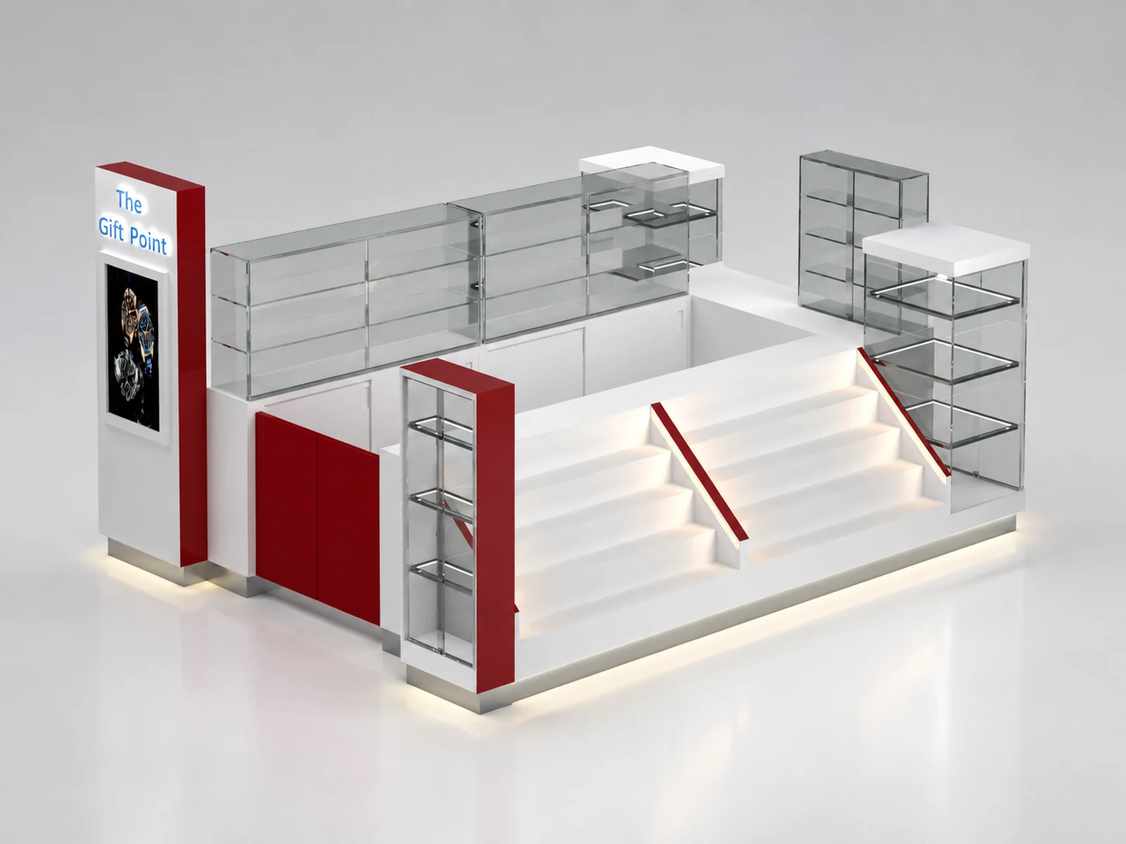 UK Watch kiosk custom watch repair display counter shopping mall watch retail showcase opposite angle and kiosk depth