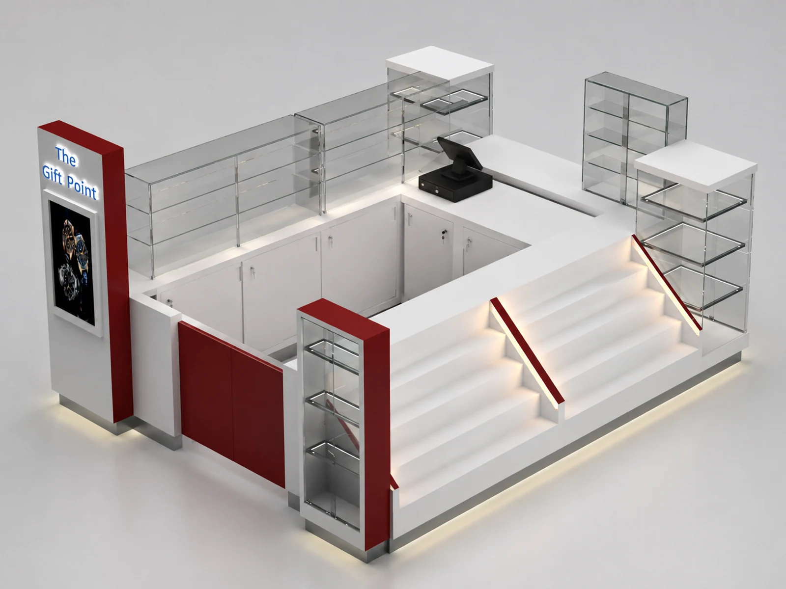 UK Watch kiosk custom watch repair display counter shopping mall watch retail showcase illuminated glass watch showcase detail