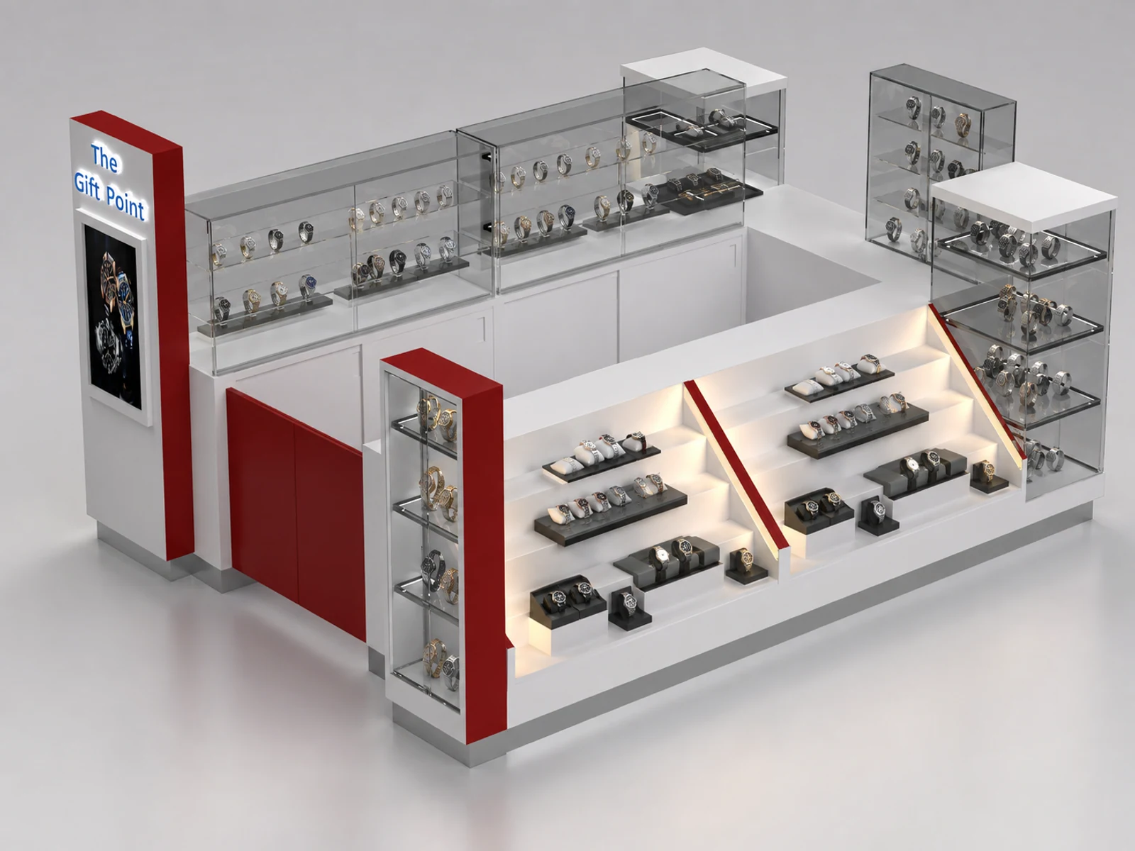 UK Watch kiosk custom watch repair display counter shopping mall watch retail showcase staff-side storage and checkout view