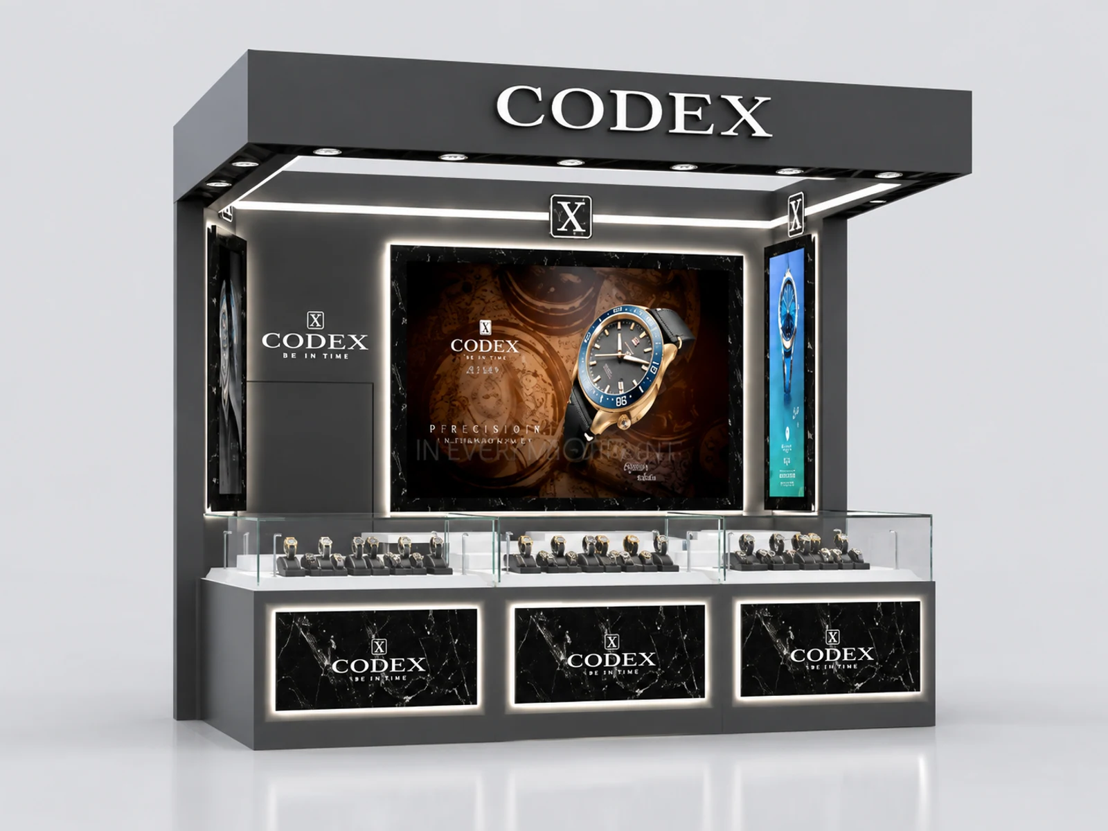 UK Watch Kiosk with Unique Design & Glass Showcase for Watch Display Counter main shopping mall view