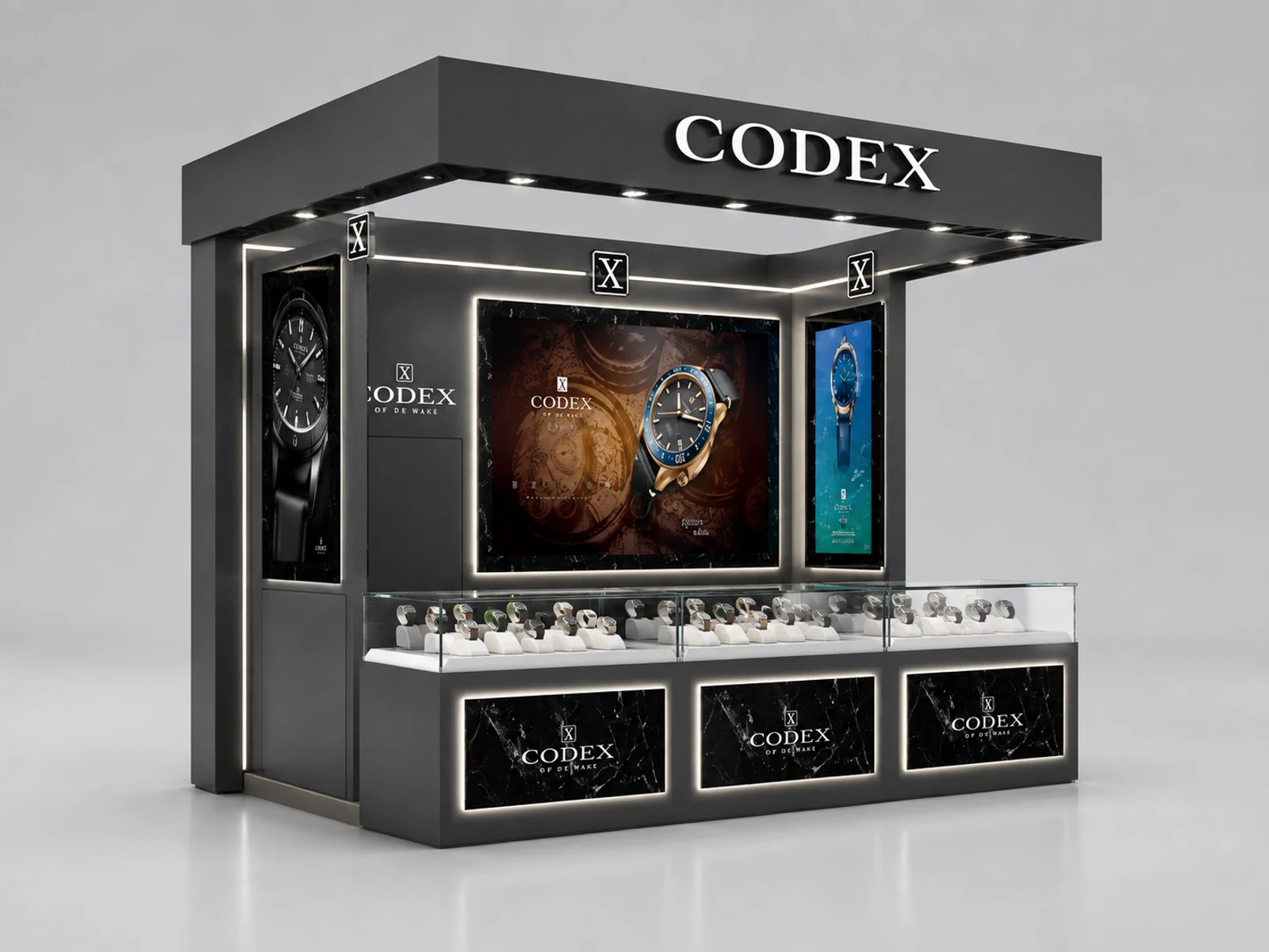 UK Watch Kiosk with Unique Design & Glass Showcase for Watch Display Counter opposite angle and kiosk depth