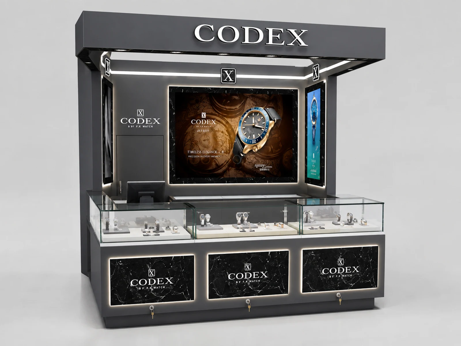 UK Watch Kiosk with Unique Design & Glass Showcase for Watch Display Counter illuminated glass watch showcase detail