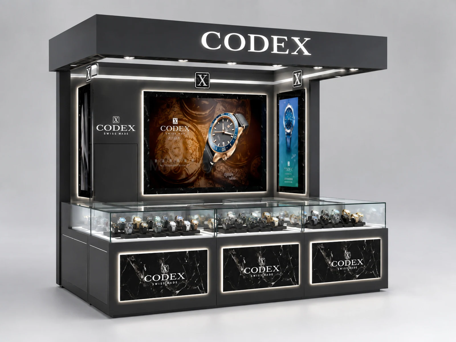 UK Watch Kiosk with Unique Design & Glass Showcase for Watch Display Counter staff-side storage and checkout view