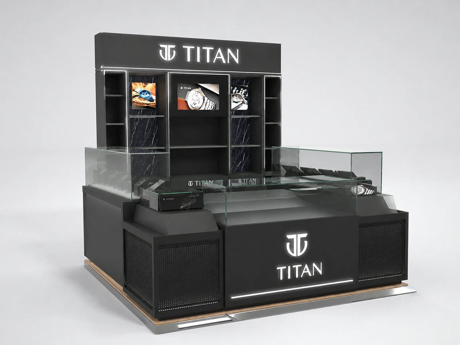 Unique watch kiosk glass showcase & watch display counter in mall for sale opposite angle and kiosk depth