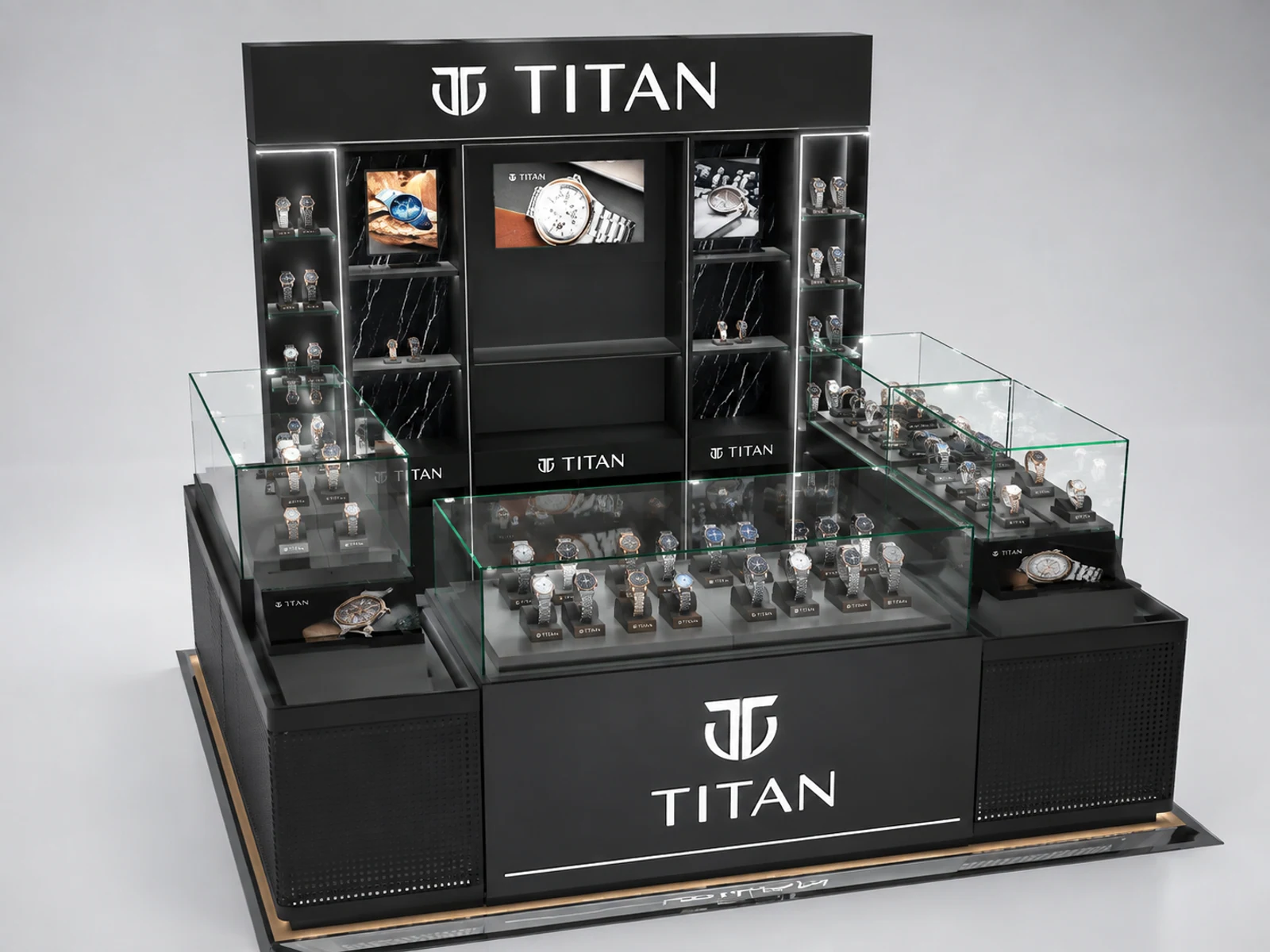 Unique watch kiosk glass showcase & watch display counter in mall for sale staff-side storage and checkout view