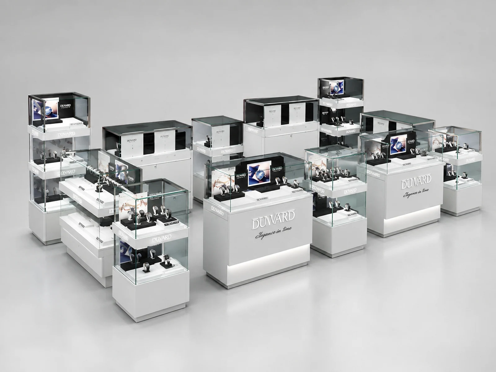 US Watch Display Cabinet for Watch Kiosk & Jewelry Display Showcase in Shopping Mall opposite angle and kiosk depth