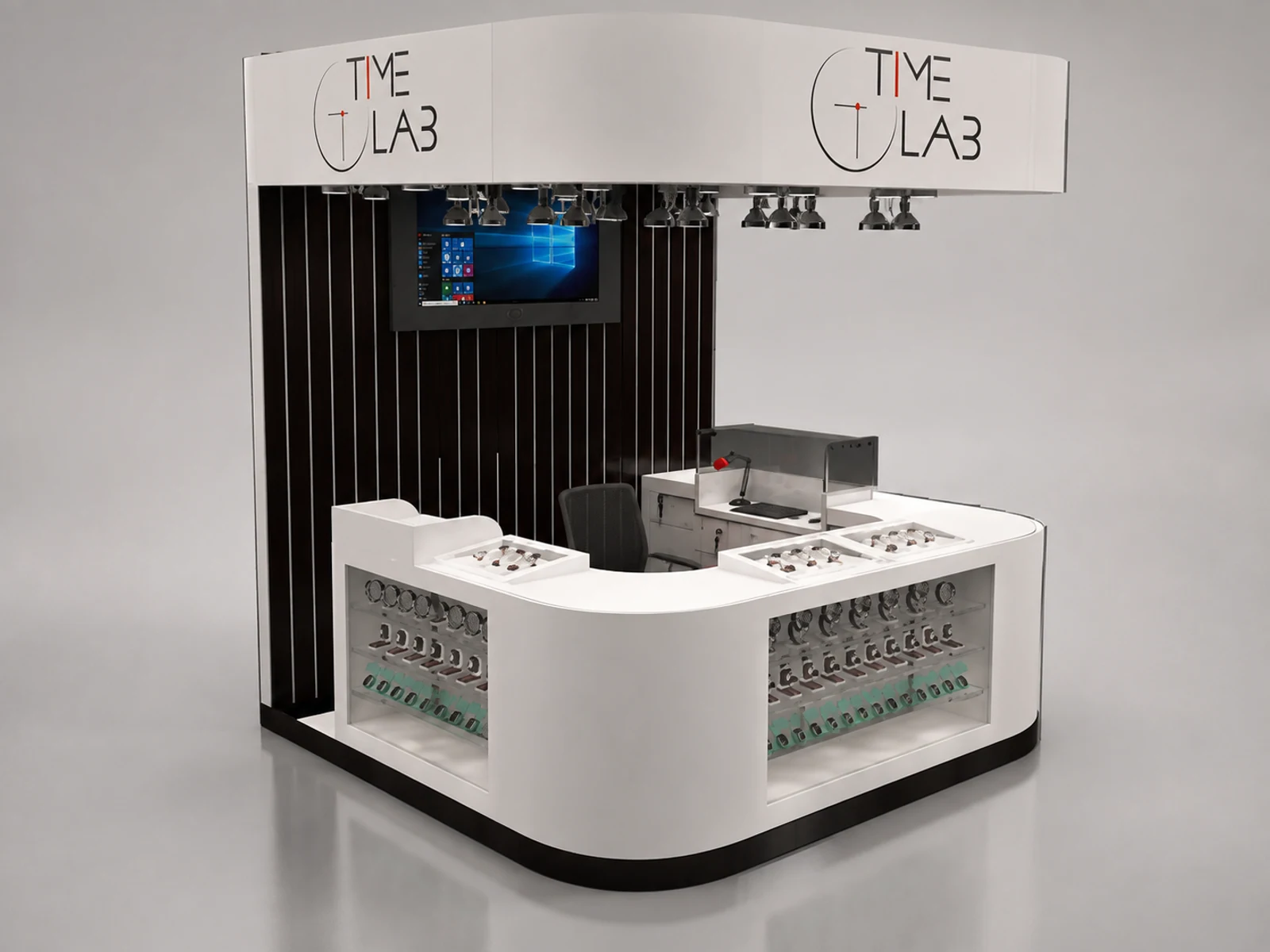 USA popular watch display booth design jewelry display counter used in mall opposite angle and kiosk depth