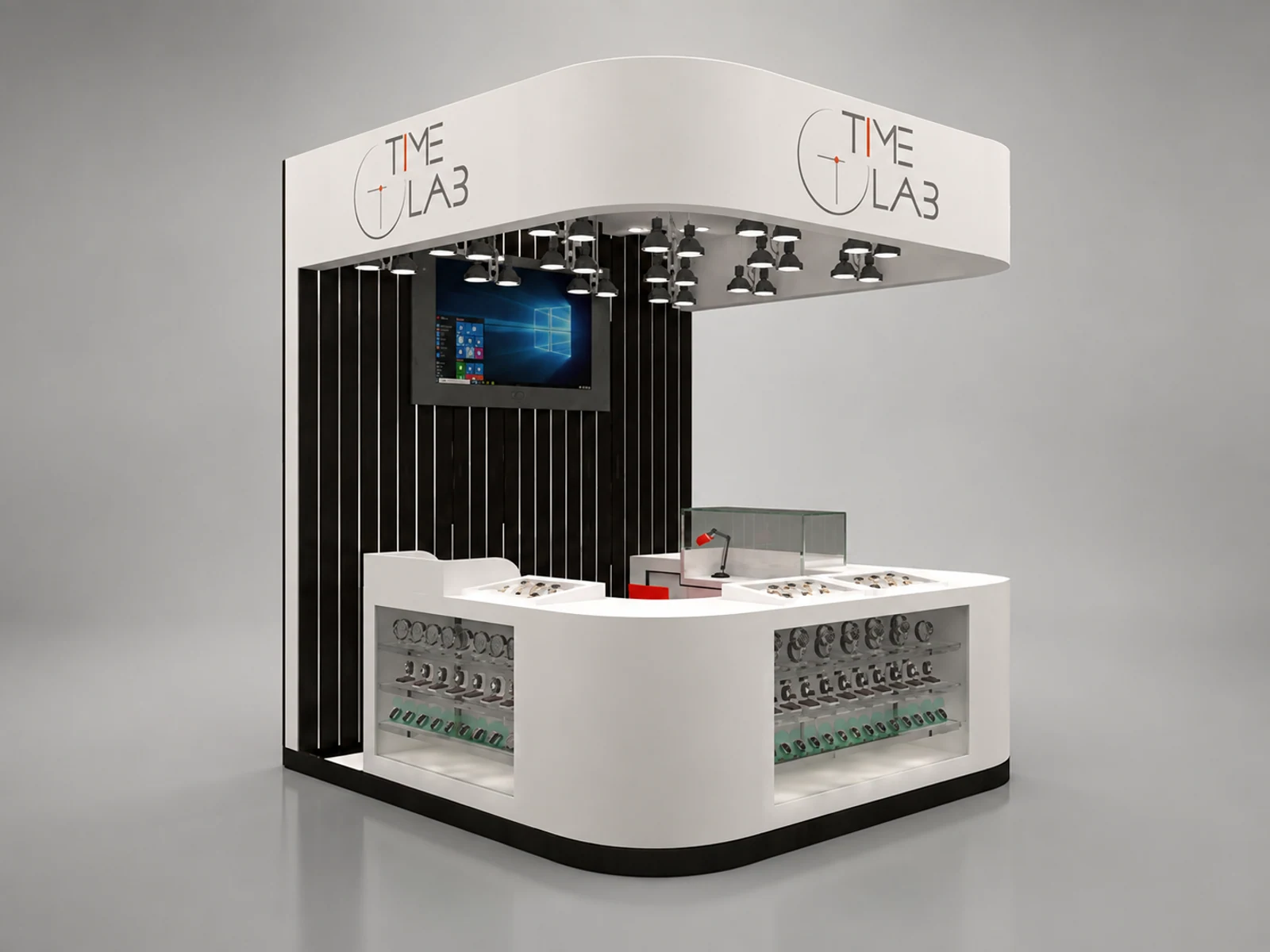 USA popular watch display booth design jewelry display counter used in mall staff-side storage and checkout view