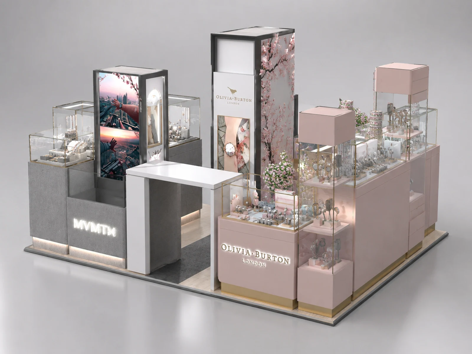 Watch Display Cabinet Exquisite Watch Counter Design Mall Watch Kiosk opposite angle and kiosk depth