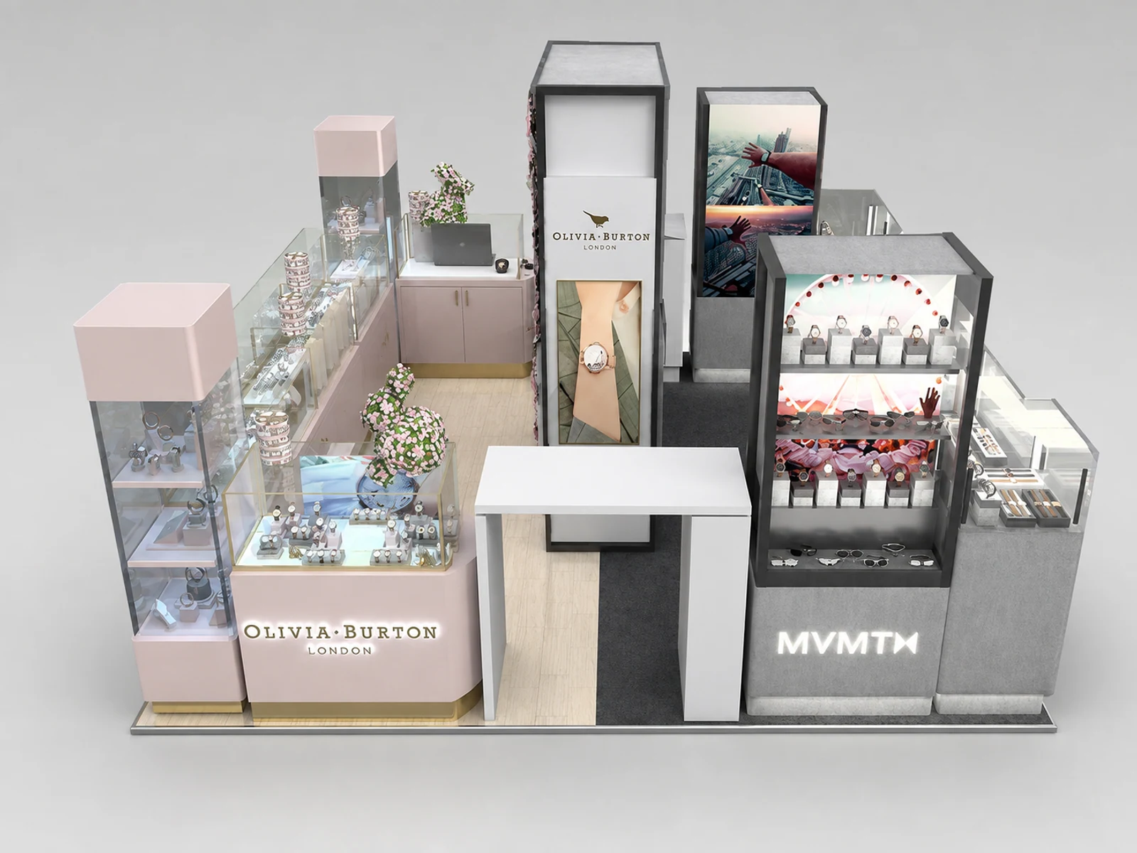 Watch Display Cabinet Exquisite Watch Counter Design Mall Watch Kiosk staff-side storage and checkout view