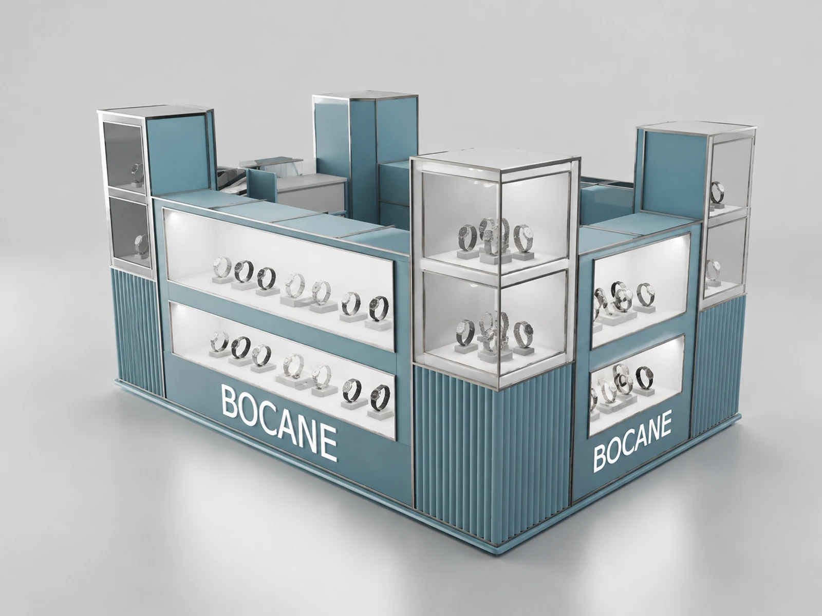 Watch Display Counter Retail Collection Mall Kiosk Inside Design opposite angle and kiosk depth