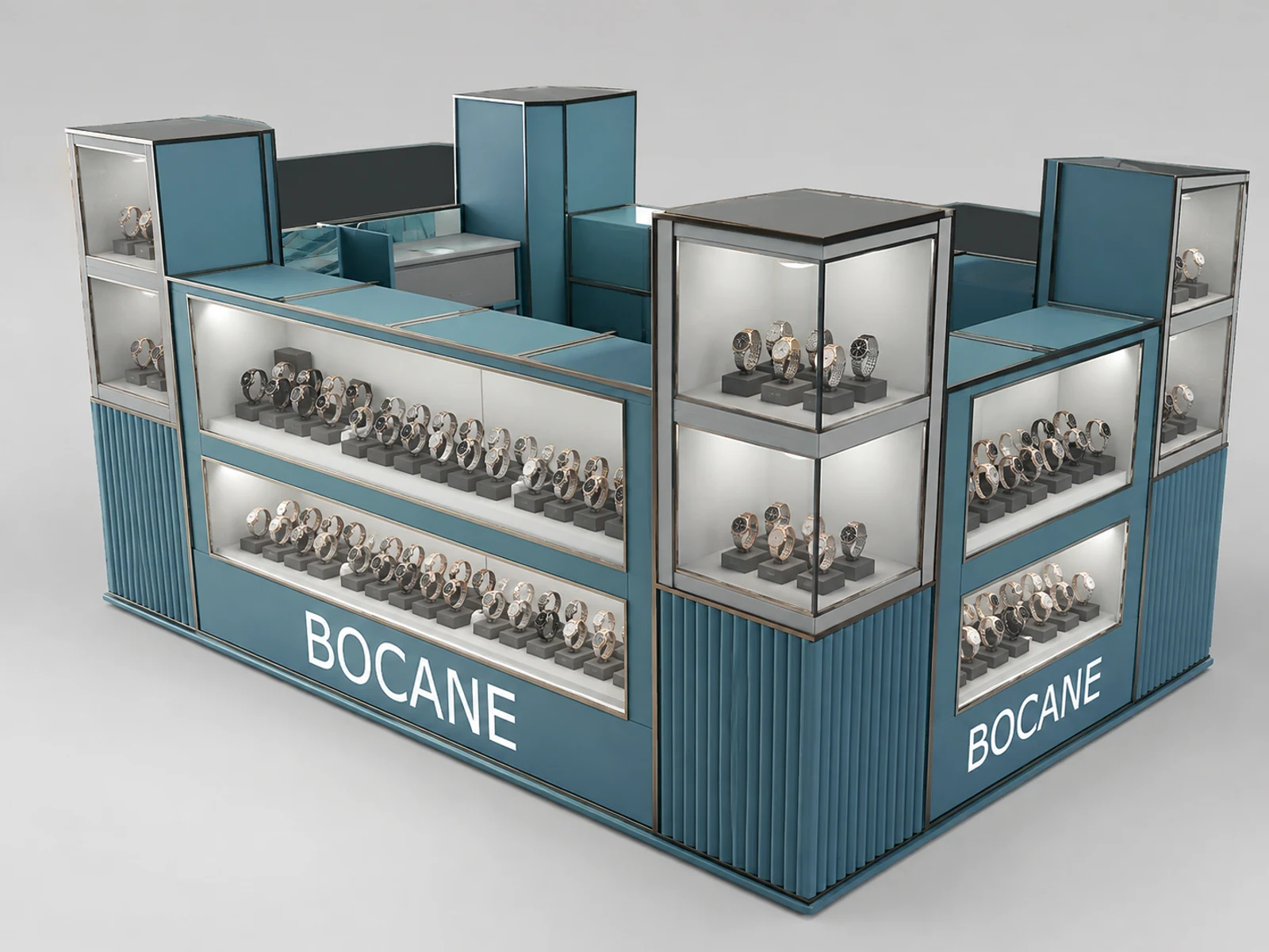 Watch Display Counter Retail Collection Mall Kiosk Inside Design illuminated glass watch showcase detail