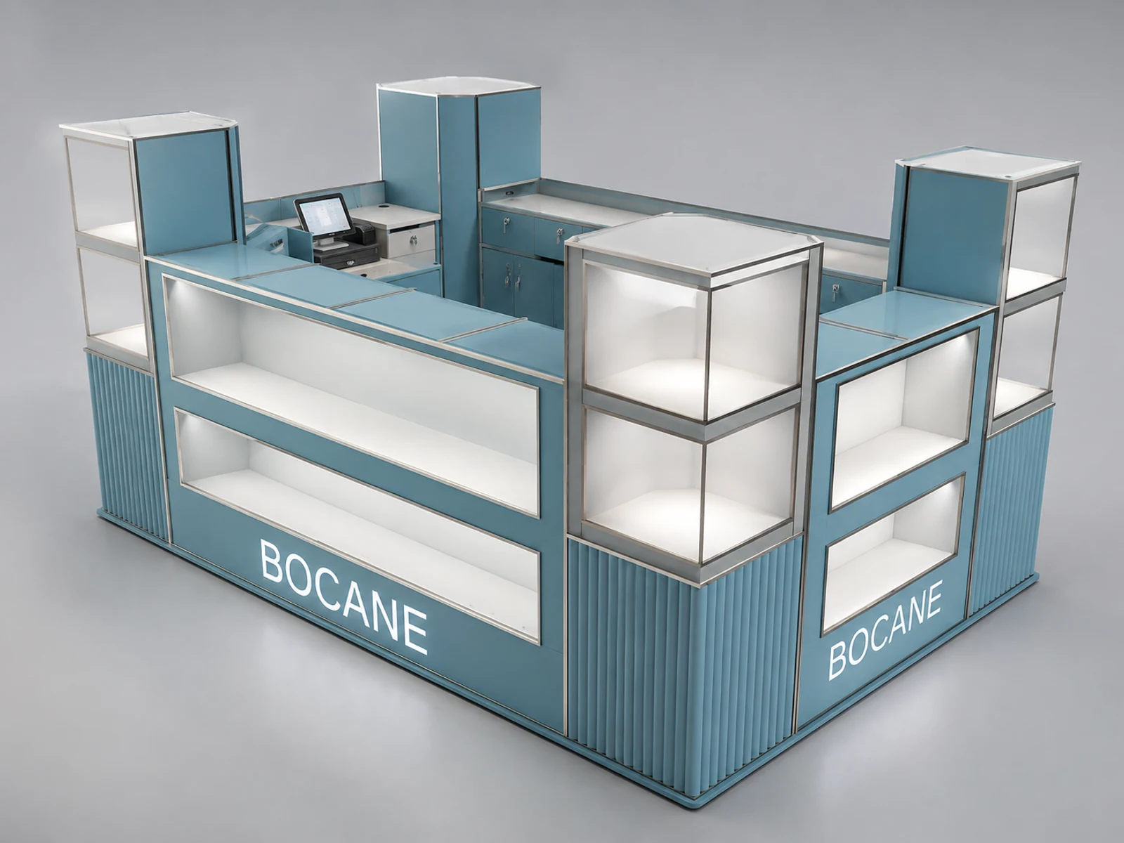 Watch Display Counter Retail Collection Mall Kiosk Inside Design staff-side storage and checkout view