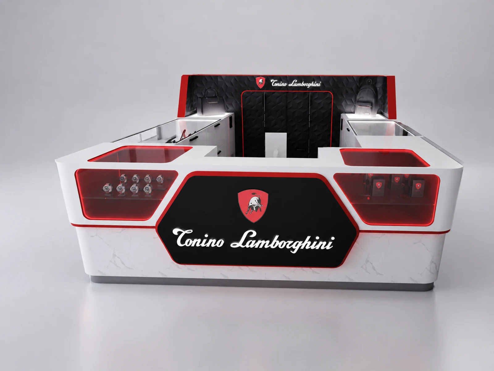 Watch Display Counter Retail Fashion Item Watch Kiosk Phone Watch Showcase opposite angle and kiosk depth