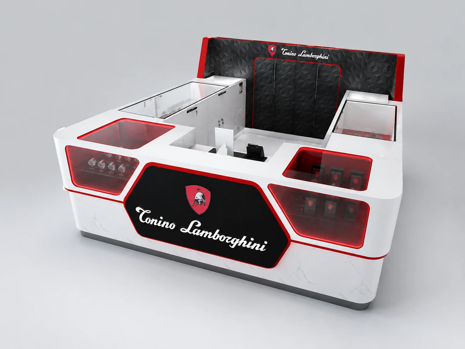 Watch Display Counter Retail Fashion Item Watch Kiosk Phone Watch Showcase staff-side storage and checkout view