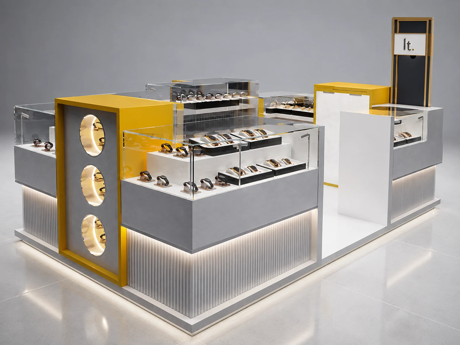 Watch Display Kiosk Mall Modern Watch Bar Counter Fashion Watch Booth opposite angle and kiosk depth