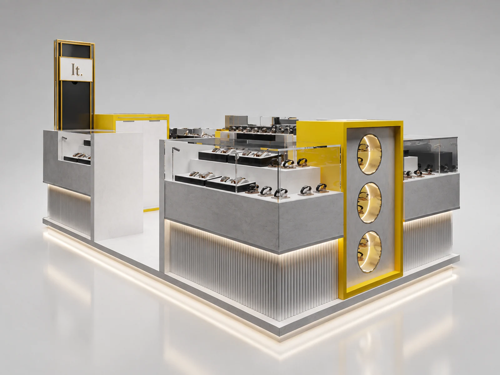 Watch Display Kiosk Mall Modern Watch Bar Counter Fashion Watch Booth illuminated glass watch showcase detail