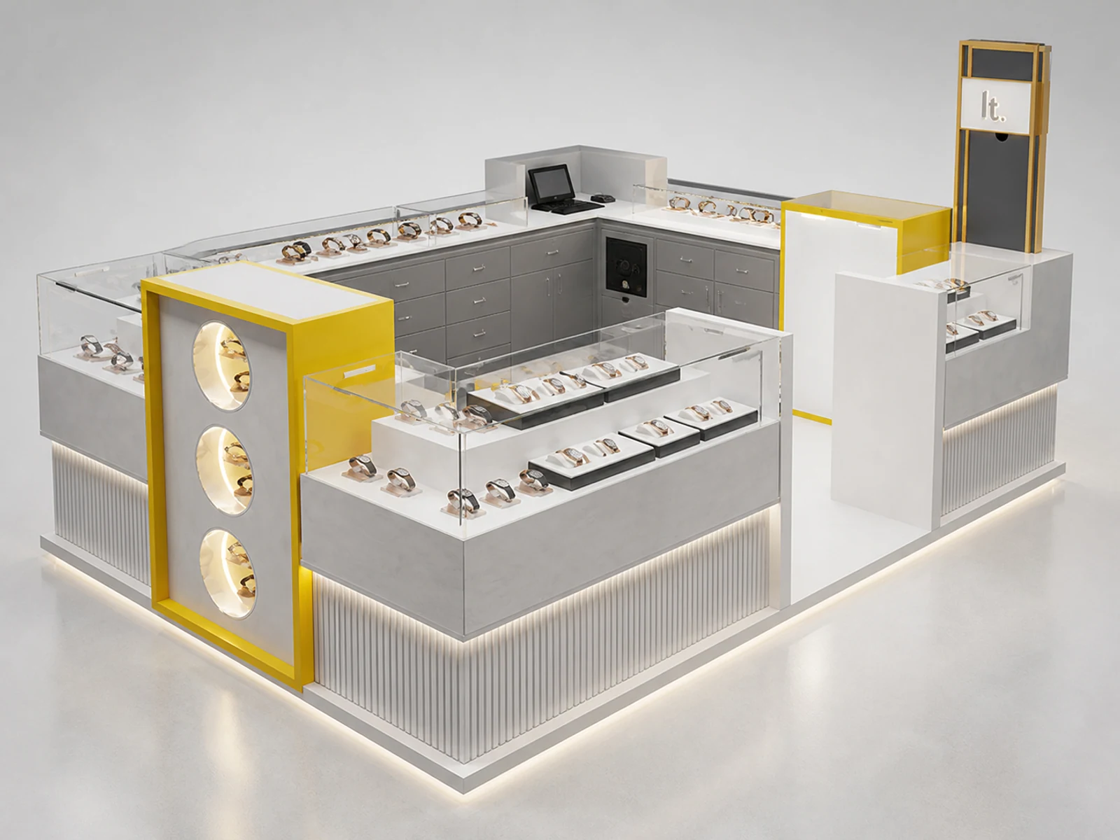 Watch Display Kiosk Mall Modern Watch Bar Counter Fashion Watch Booth staff-side storage and checkout view