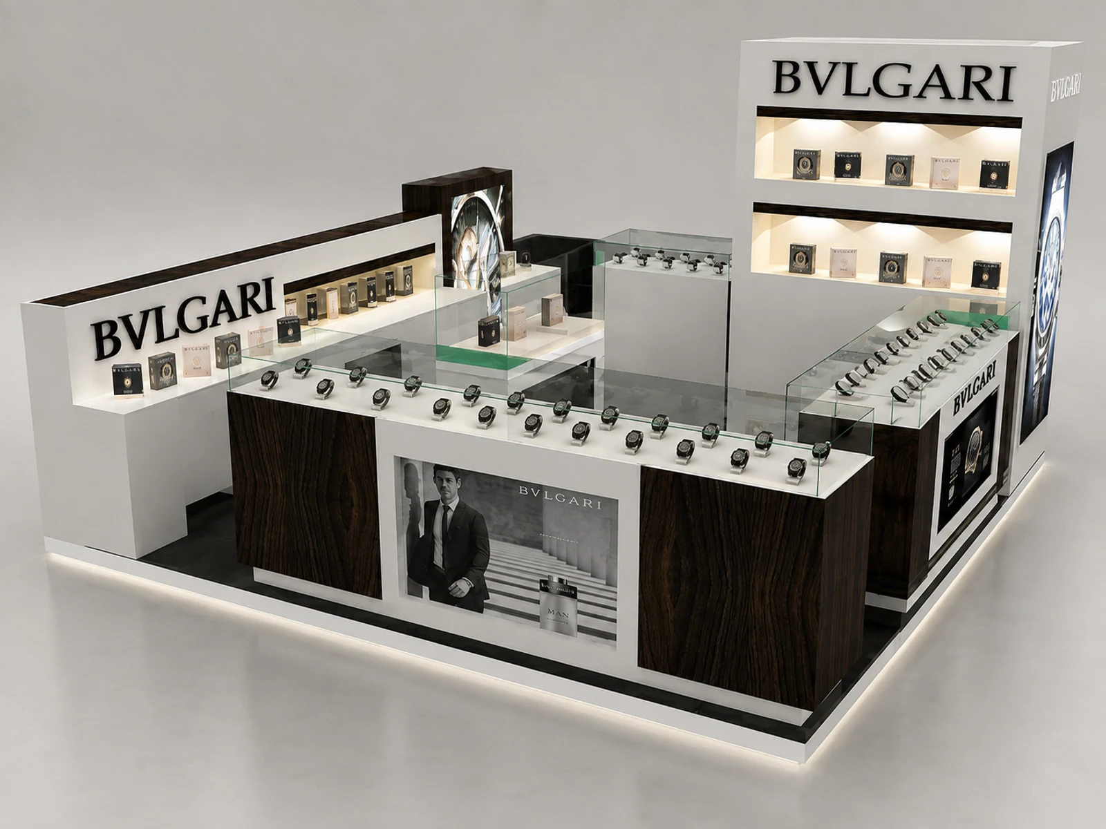 Watch Kiosk Glass Display Showcase Mall Kiosk Watch Kiosk 3d Design in the Mall Center opposite angle and kiosk depth