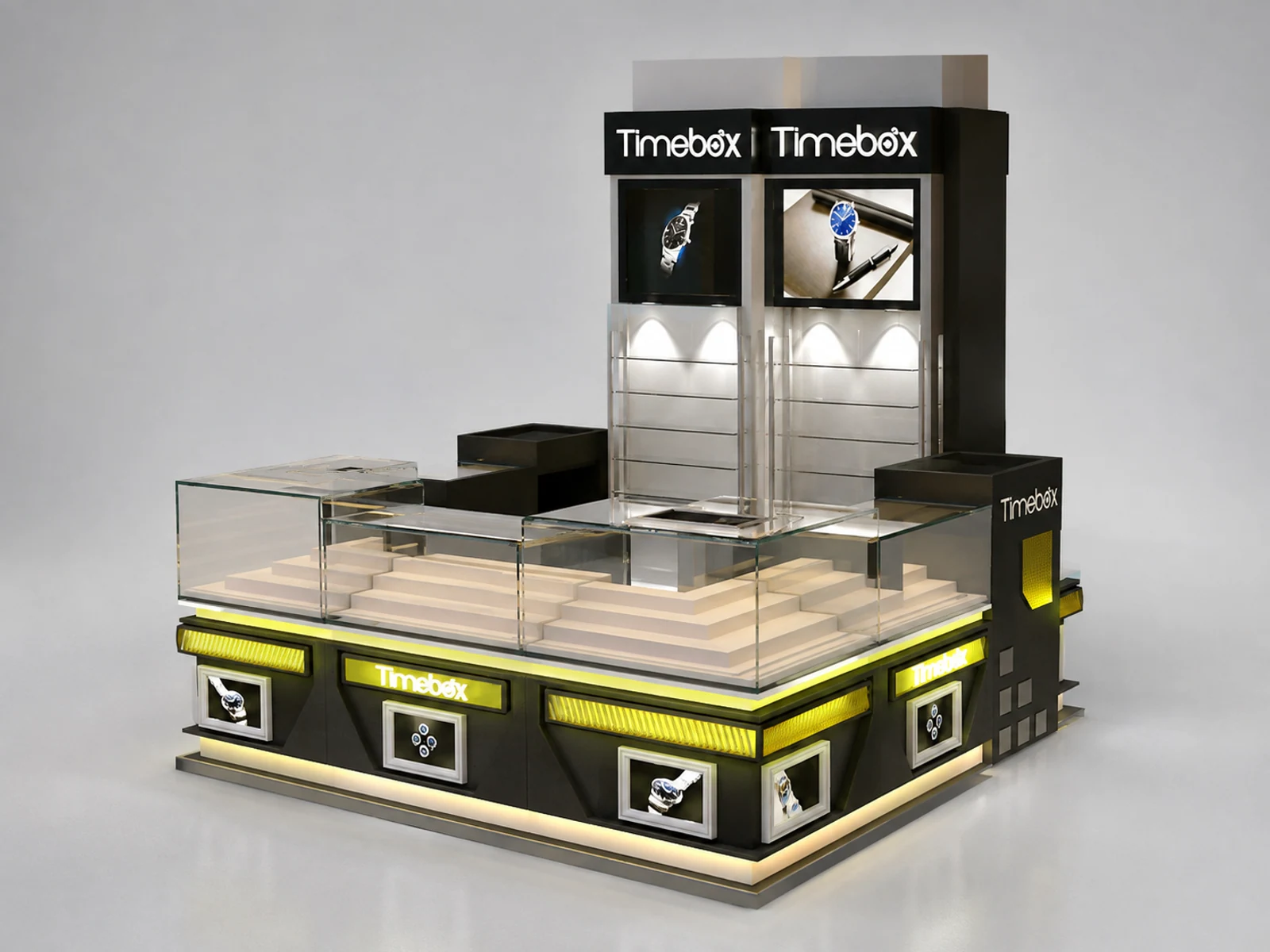 Watch Kiosk Glass Showcase & Watch Display Stand in Retail Store for Sale main shopping mall view