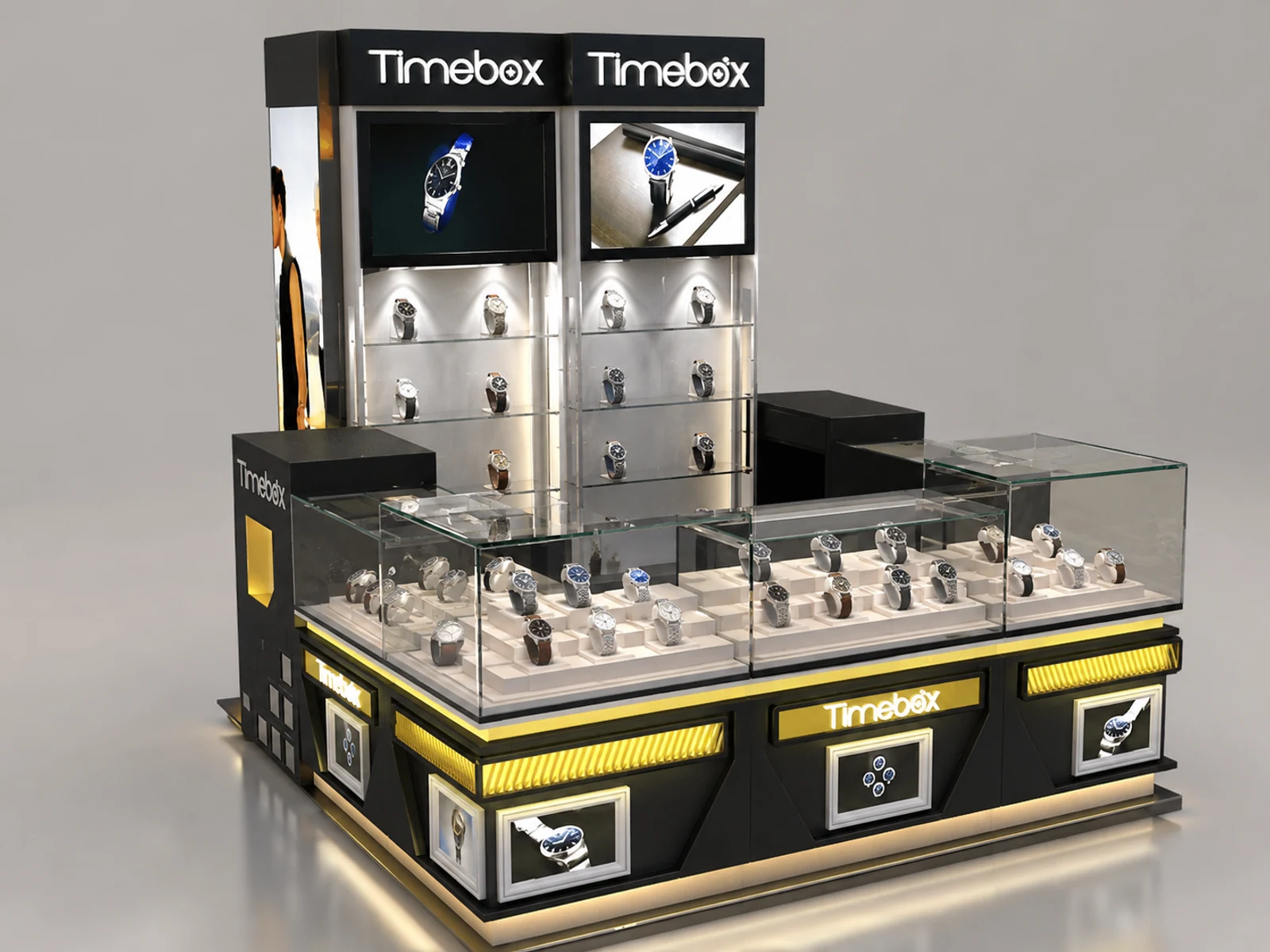 Watch Kiosk Glass Showcase & Watch Display Stand in Retail Store for Sale opposite angle and kiosk depth