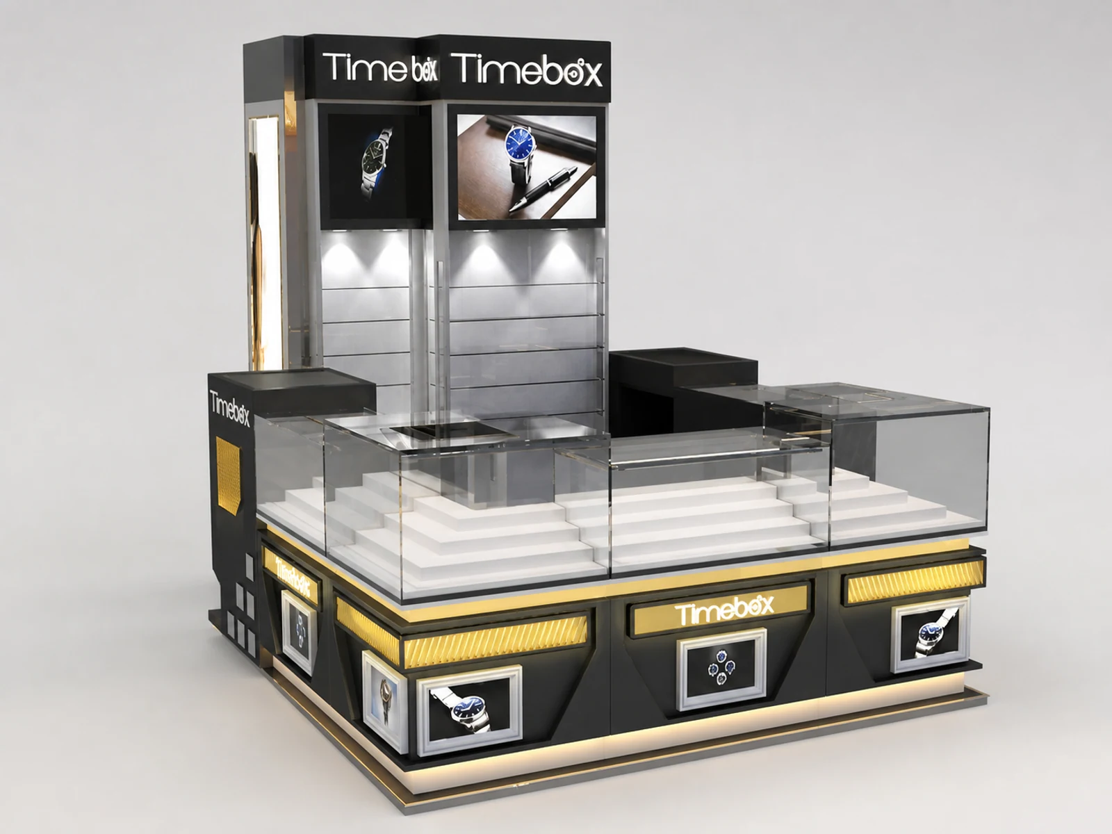 Watch Kiosk Glass Showcase & Watch Display Stand in Retail Store for Sale illuminated glass watch showcase detail
