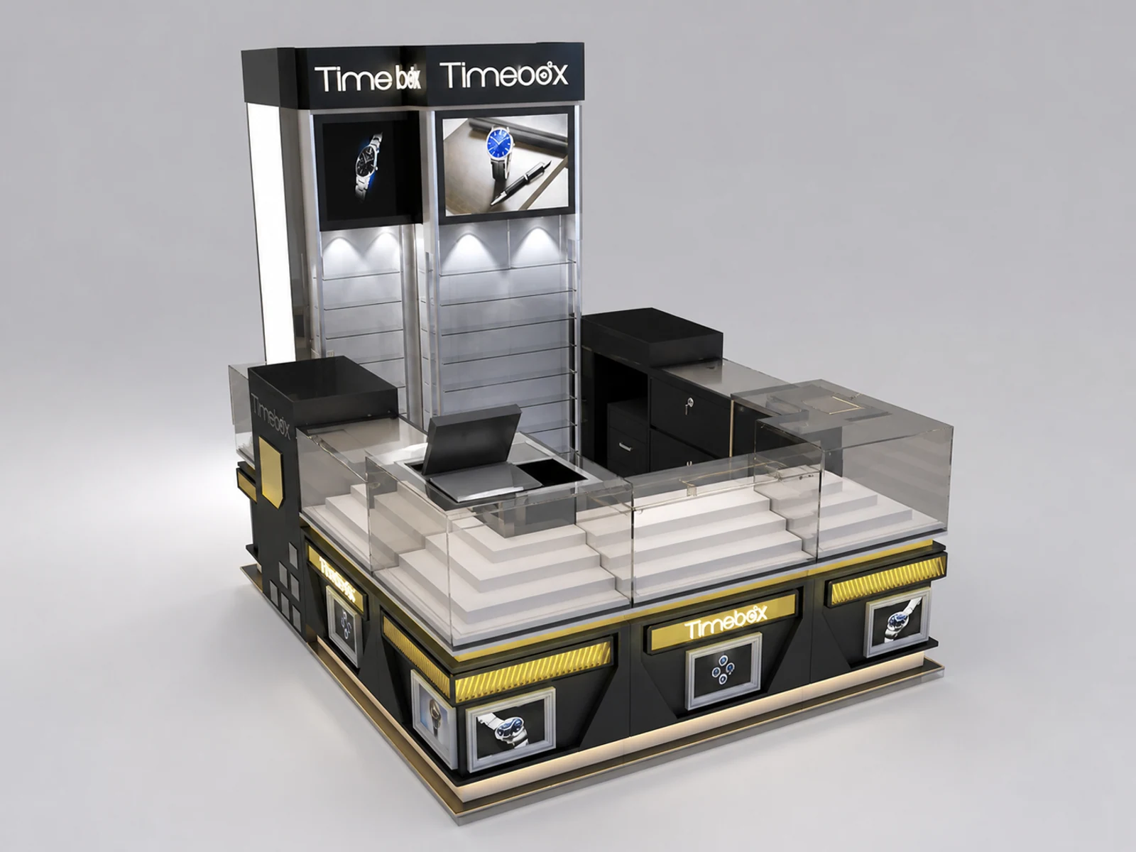 Watch Kiosk Glass Showcase & Watch Display Stand in Retail Store for Sale staff-side storage and checkout view