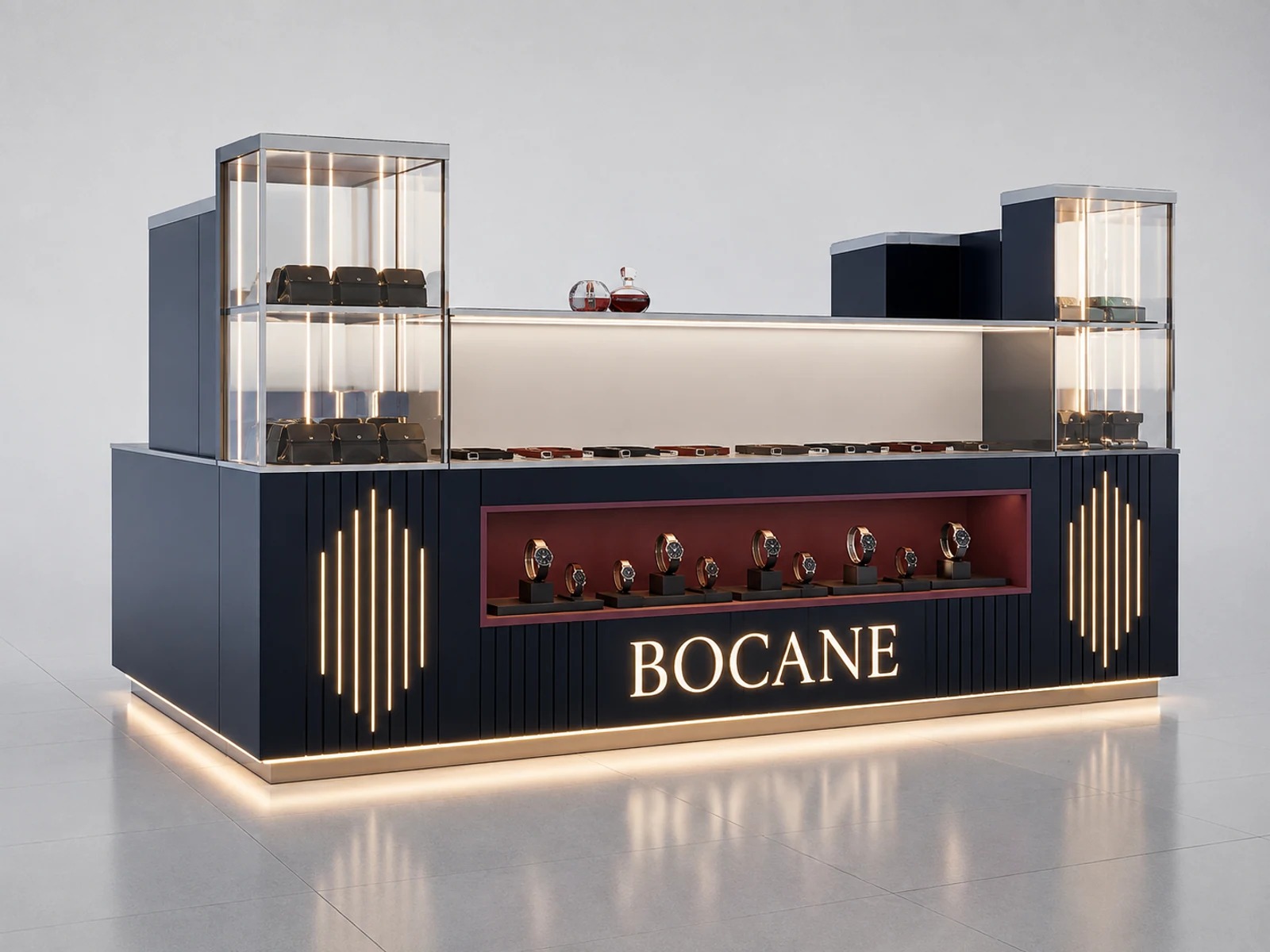 Watch Retail Counter Wooden Watch Showcase Bar Watch Mall Modern Kiosk opposite angle and kiosk depth