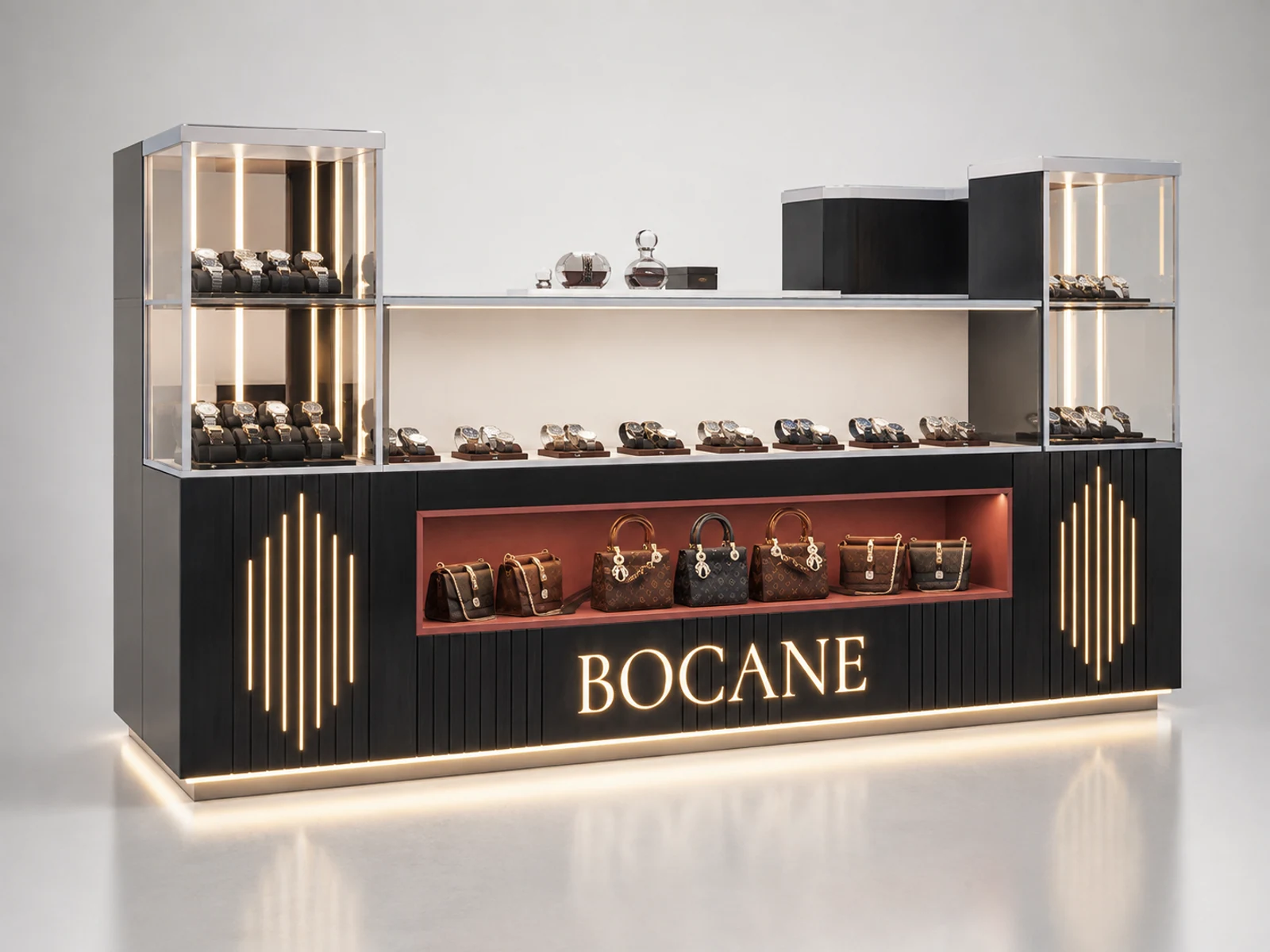 Watch Retail Counter Wooden Watch Showcase Bar Watch Mall Modern Kiosk illuminated glass watch showcase detail
