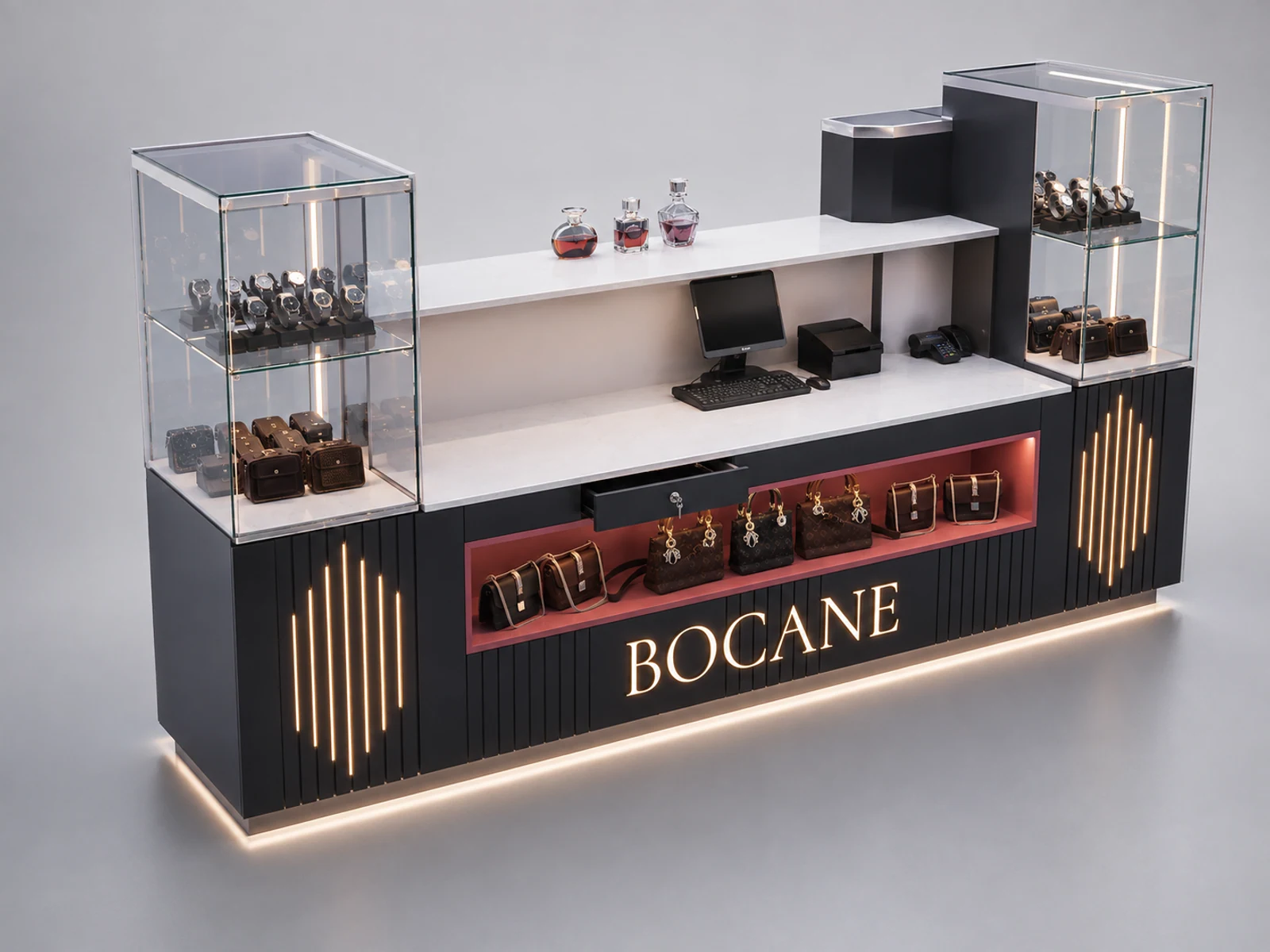Watch Retail Counter Wooden Watch Showcase Bar Watch Mall Modern Kiosk staff-side storage and checkout view