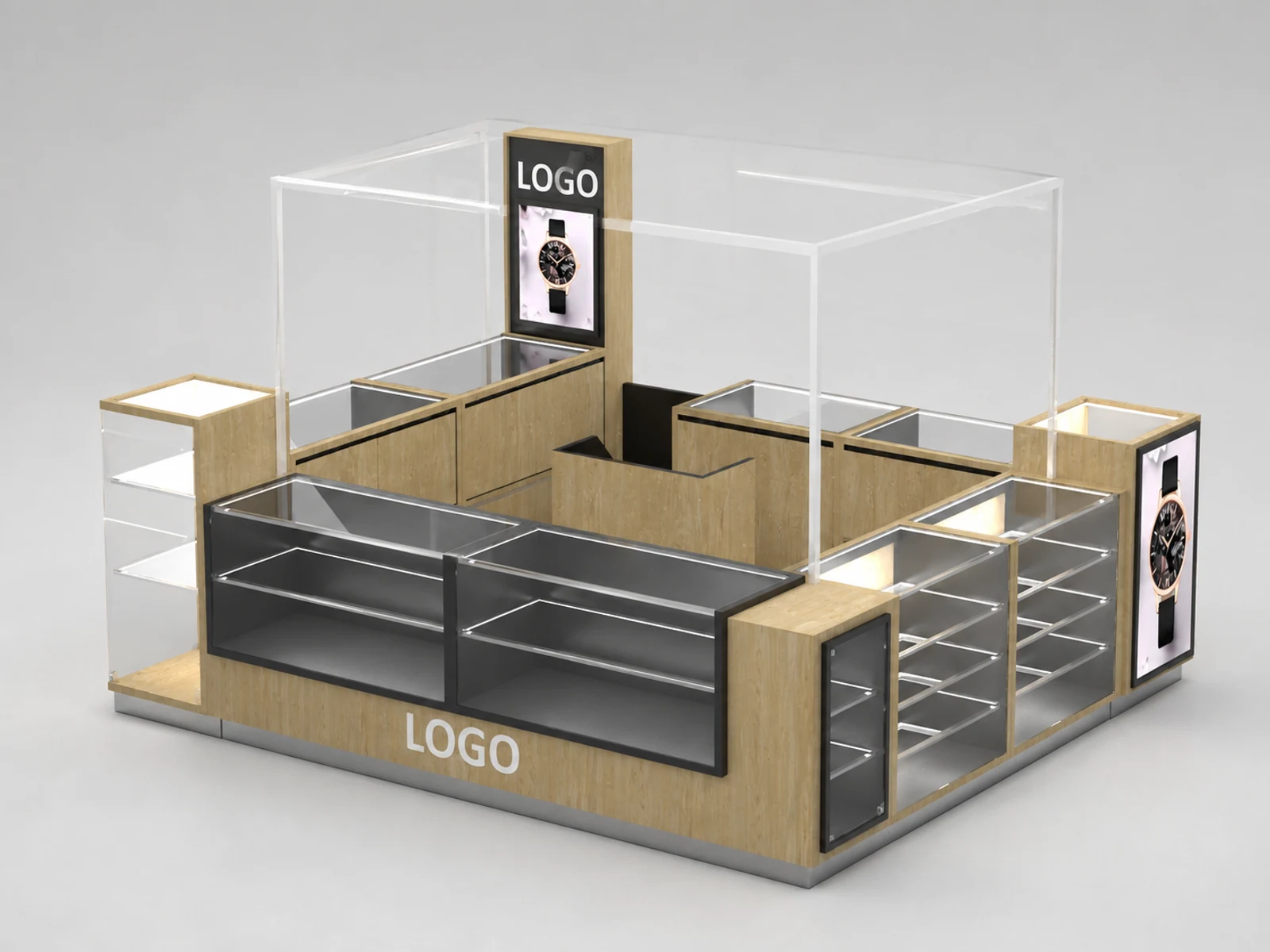 Wooden Watch Kiosk Design Retail Watch Glass Display Mall 3D Watch Booth main shopping mall view