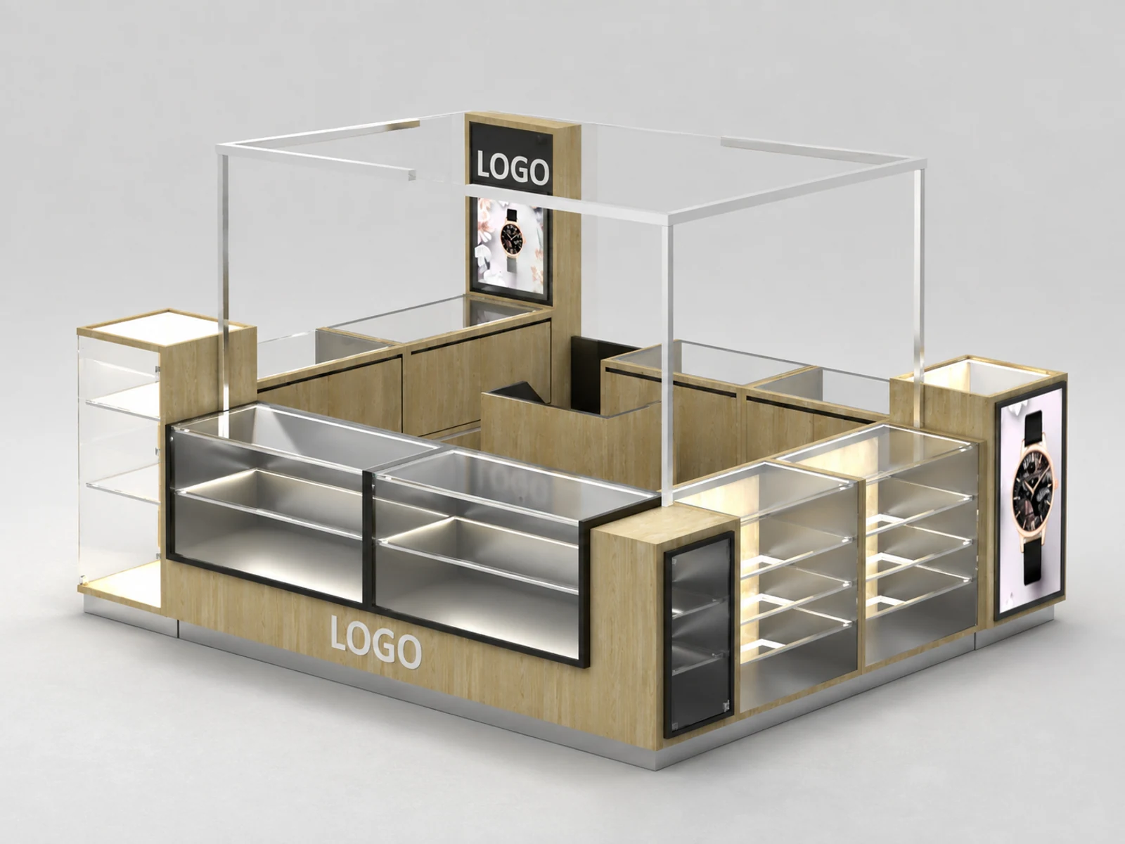 Wooden Watch Kiosk Design Retail Watch Glass Display Mall 3D Watch Booth opposite angle and kiosk depth