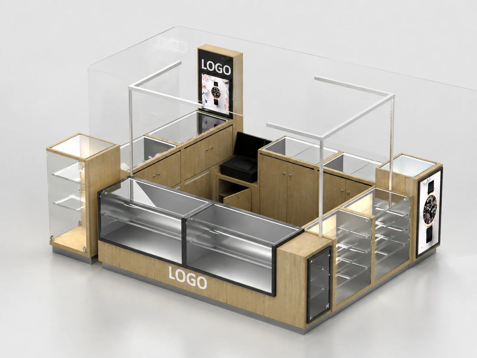 Wooden Watch Kiosk Design Retail Watch Glass Display Mall 3D Watch Booth illuminated glass watch showcase detail