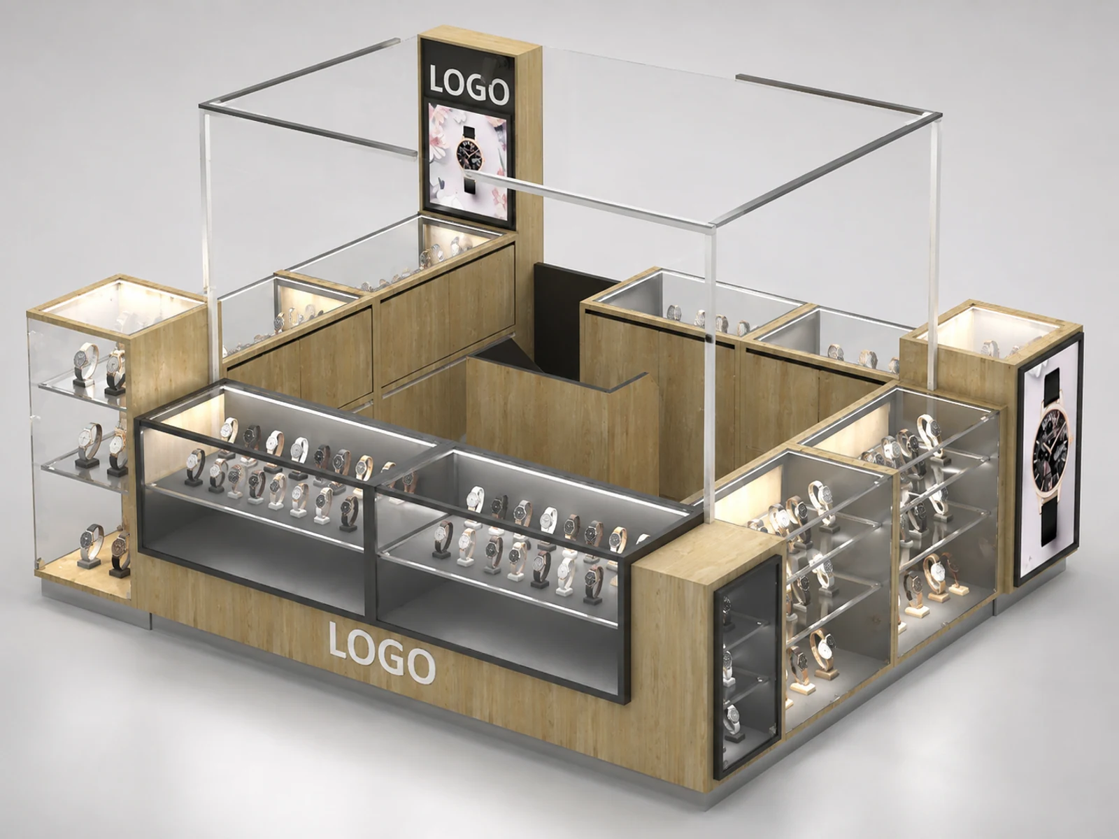Wooden Watch Kiosk Design Retail Watch Glass Display Mall 3D Watch Booth staff-side storage and checkout view
