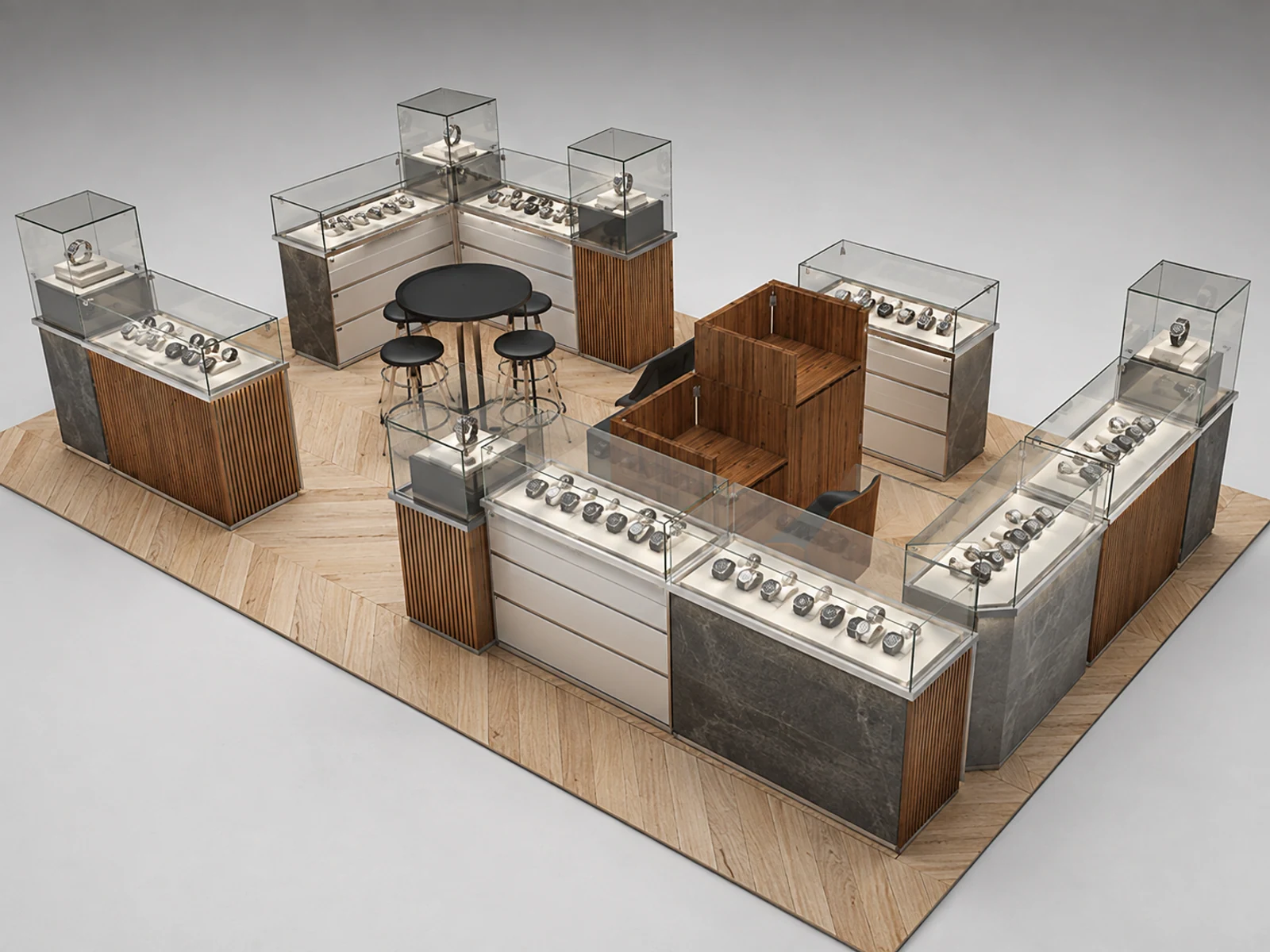 Wooden watches cabinet | high quality for glass watches stand opposite angle and kiosk depth