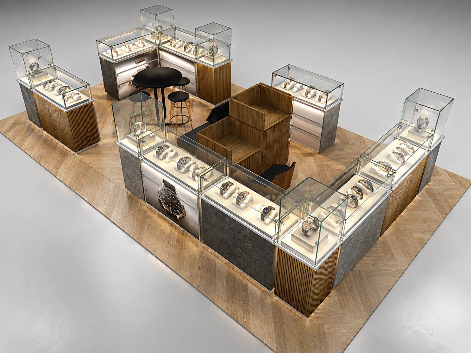 Wooden watches cabinet | high quality for glass watches stand staff-side storage and checkout view