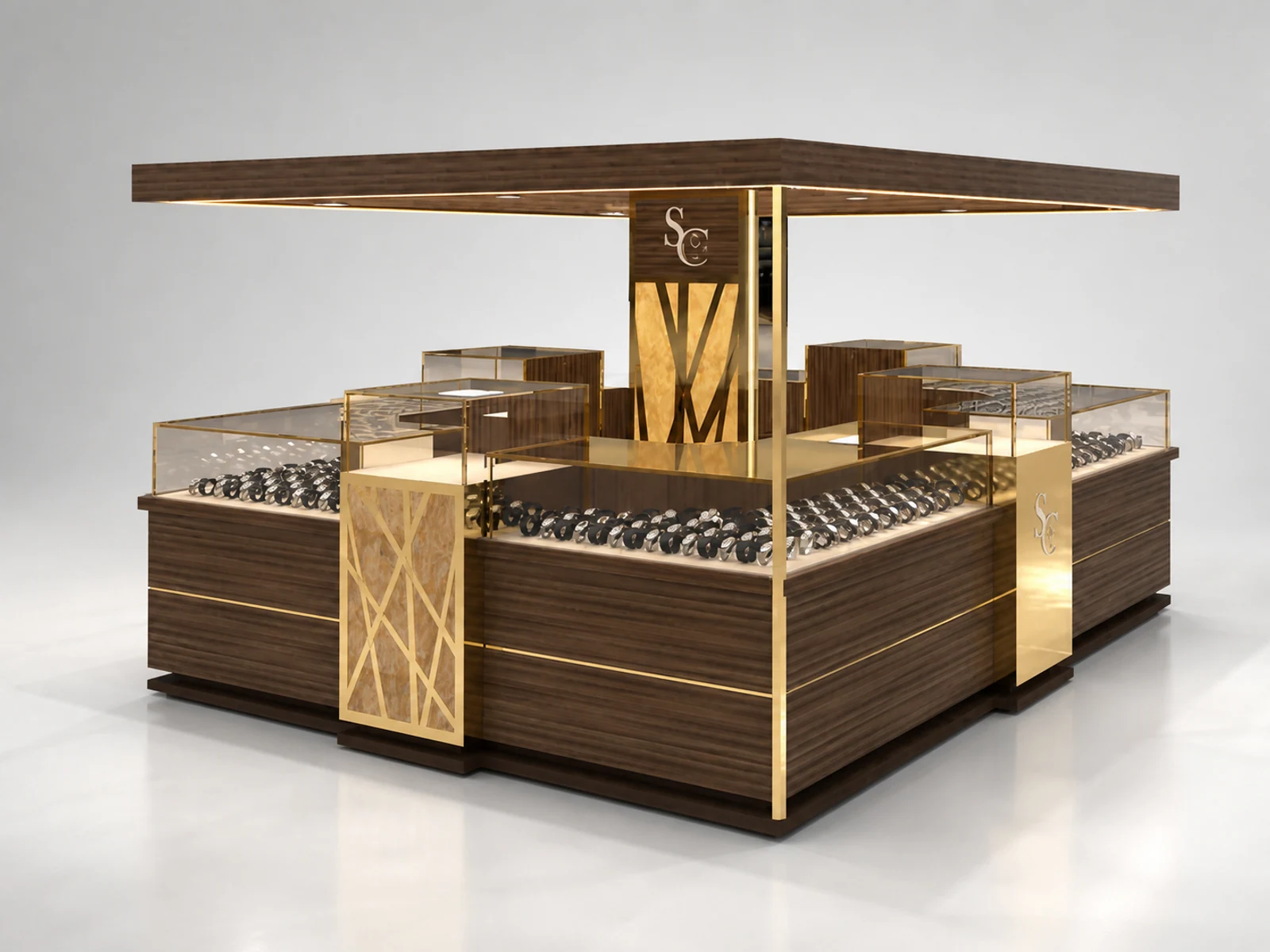 Wooden watches display kiosk | glass men's watches stand main shopping mall view