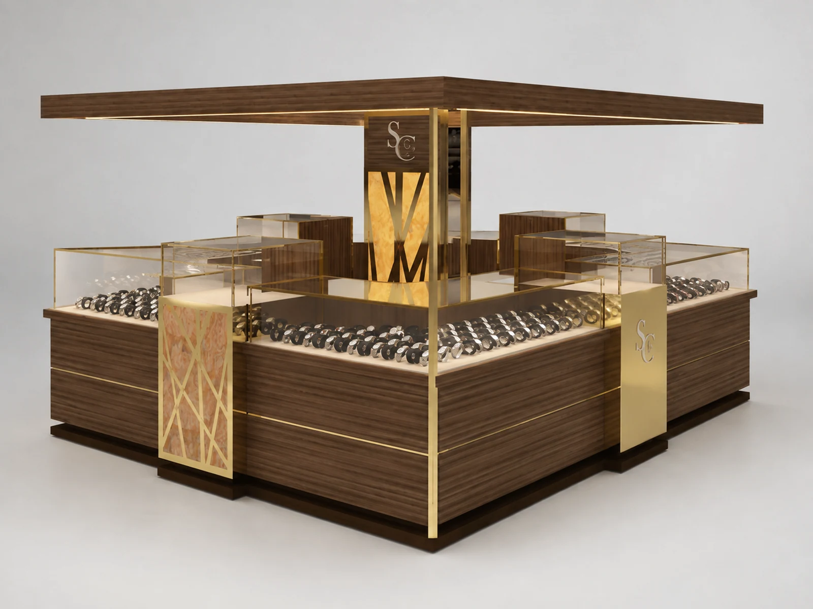 Wooden watches display kiosk | glass men's watches stand opposite angle and kiosk depth