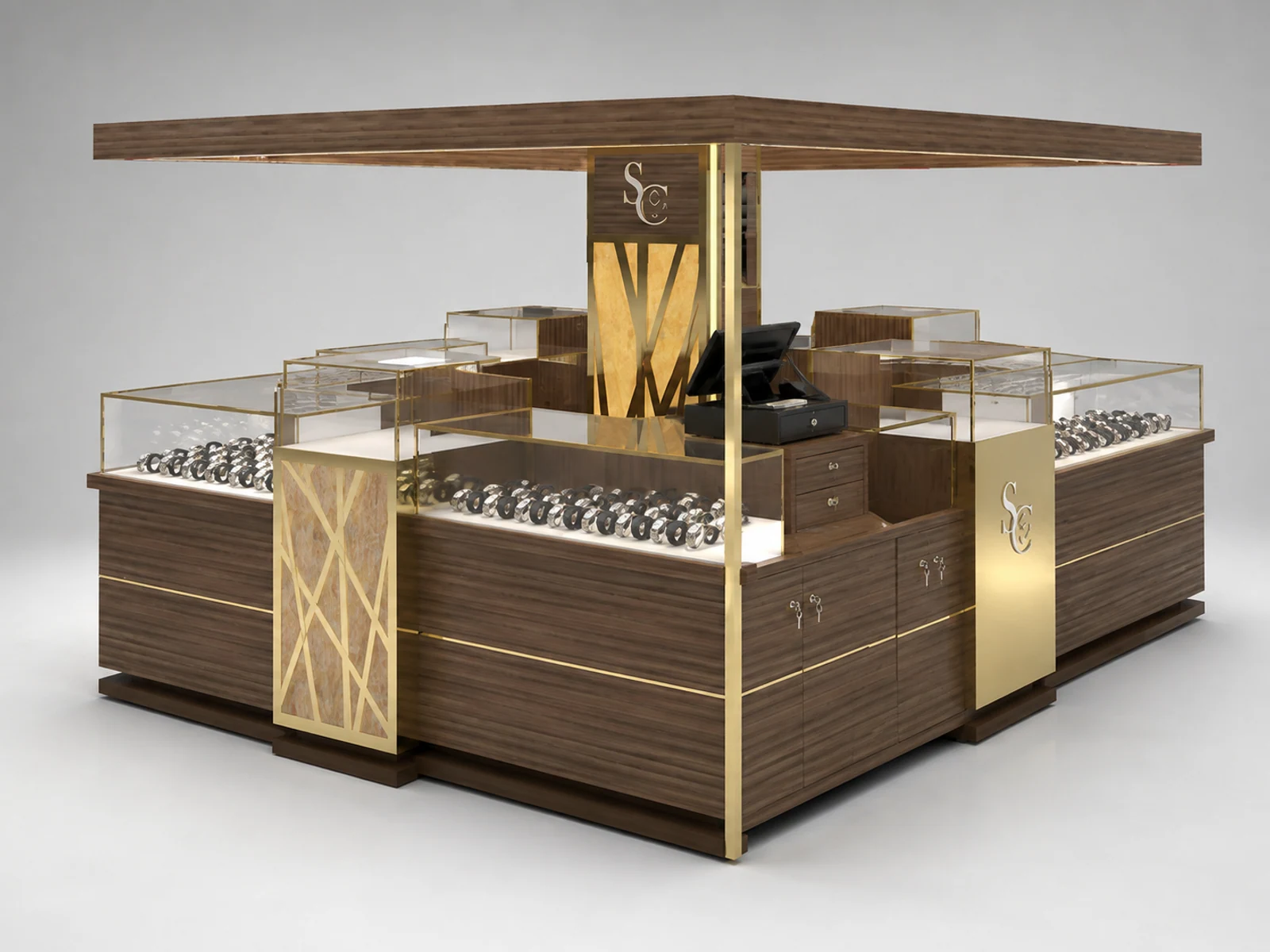 Wooden watches display kiosk | glass men's watches stand illuminated glass watch showcase detail