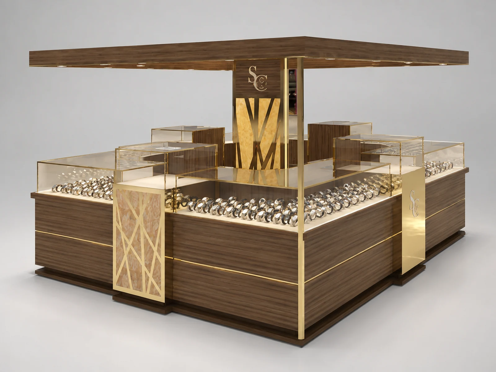 Wooden watches display kiosk | glass men's watches stand staff-side storage and checkout view