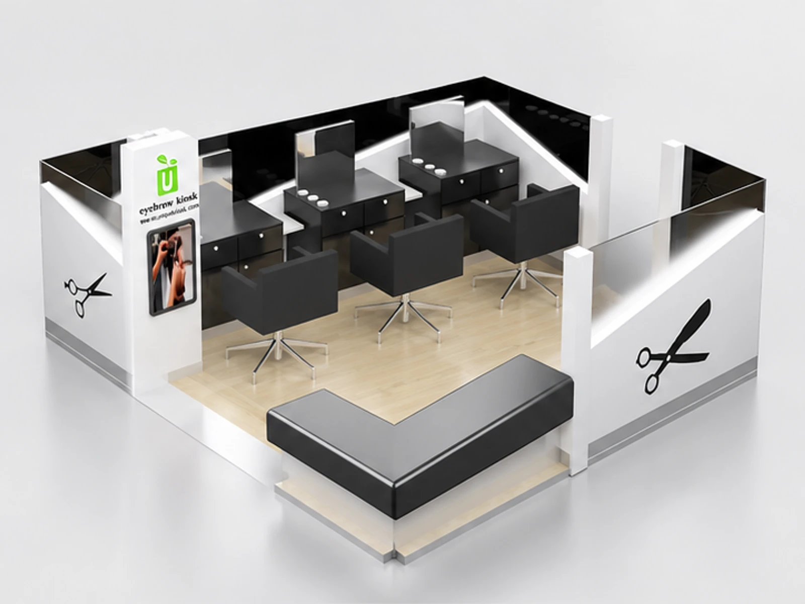 3*1.8m High-end barber kiosk for mall opposite angle and overall footprint