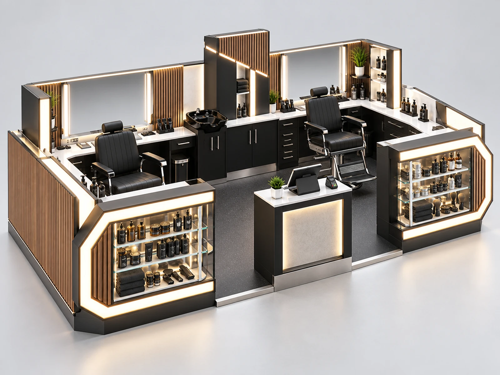 Airport Barber Kiosk with Fast Grooming Layout staff-side equipment, utilities, and storage view