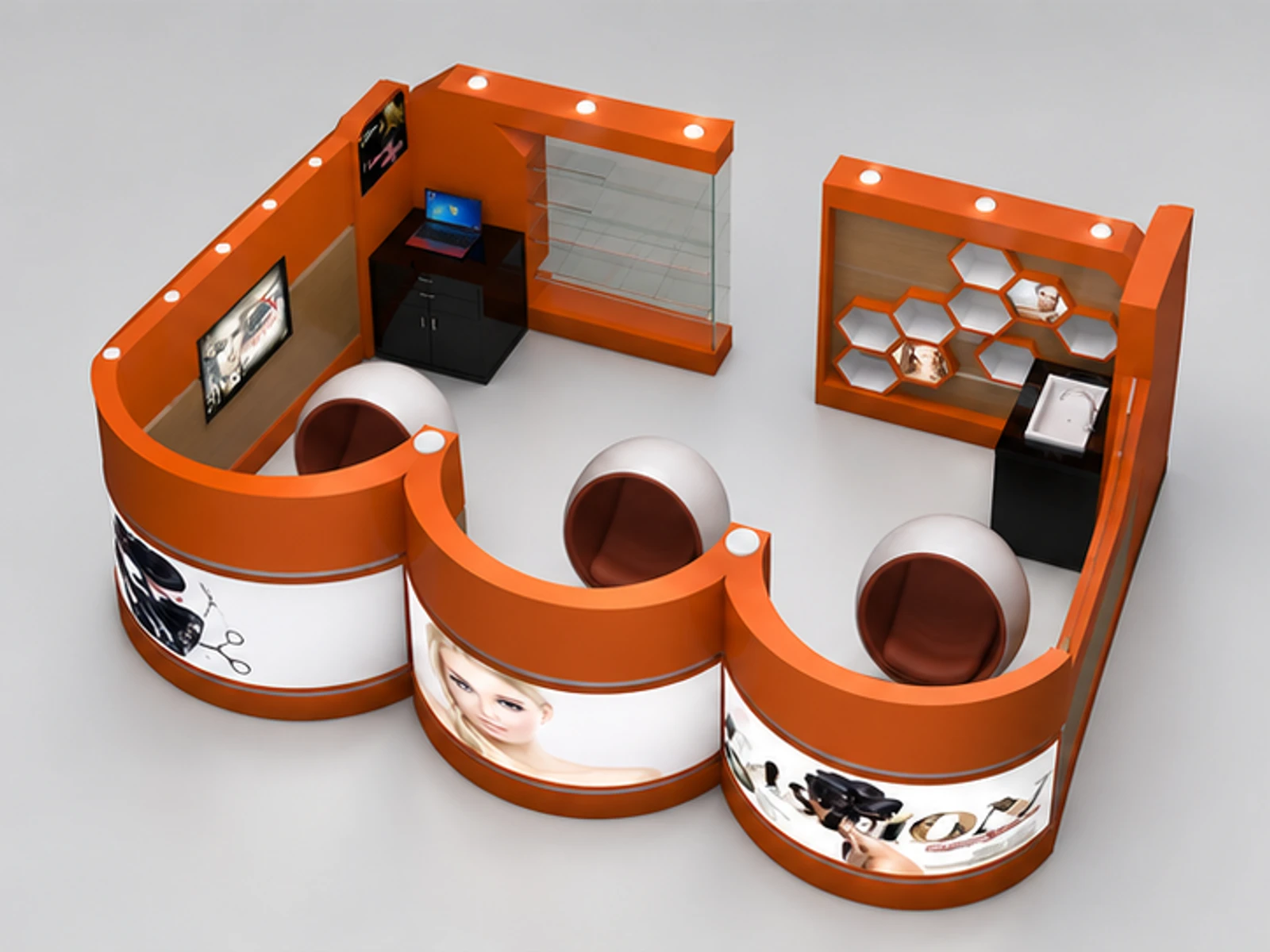 Australia Style Barber Kiosk Design 4m by 3m Barber Shop in mall main three-quarter view