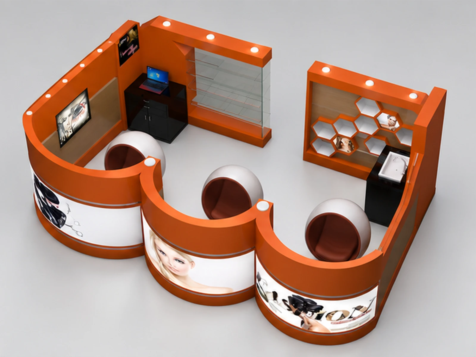 Australia Style Barber Kiosk Design 4m by 3m Barber Shop in mall opposite angle and overall footprint