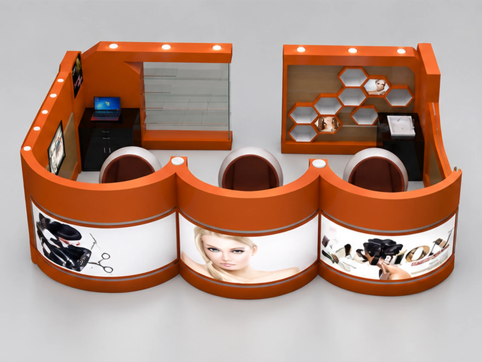 Australia Style Barber Kiosk Design 4m by 3m Barber Shop in mall customer-facing service and display view