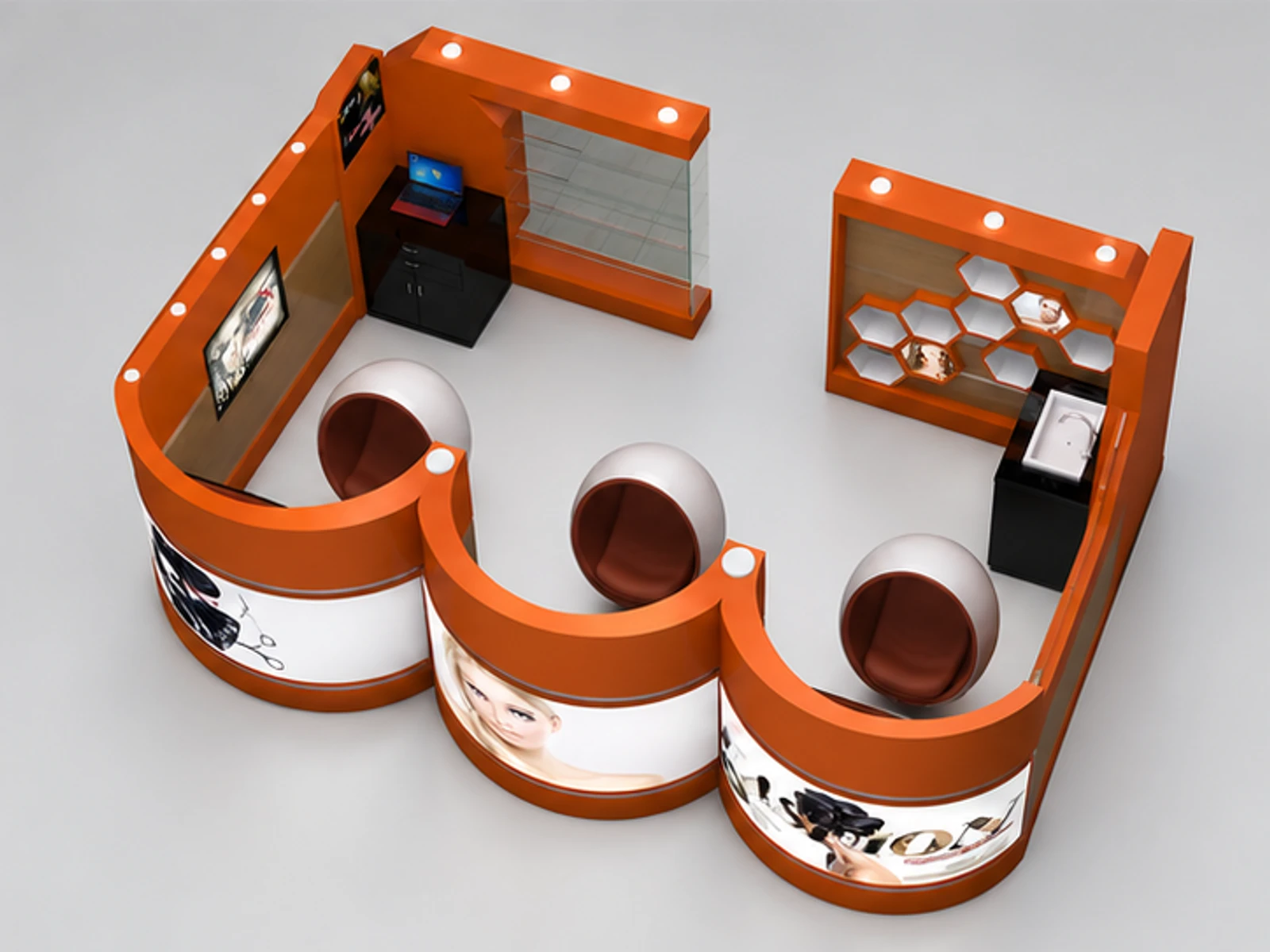 Australia Style Barber Kiosk Design 4m by 3m Barber Shop in mall staff-side equipment and storage view