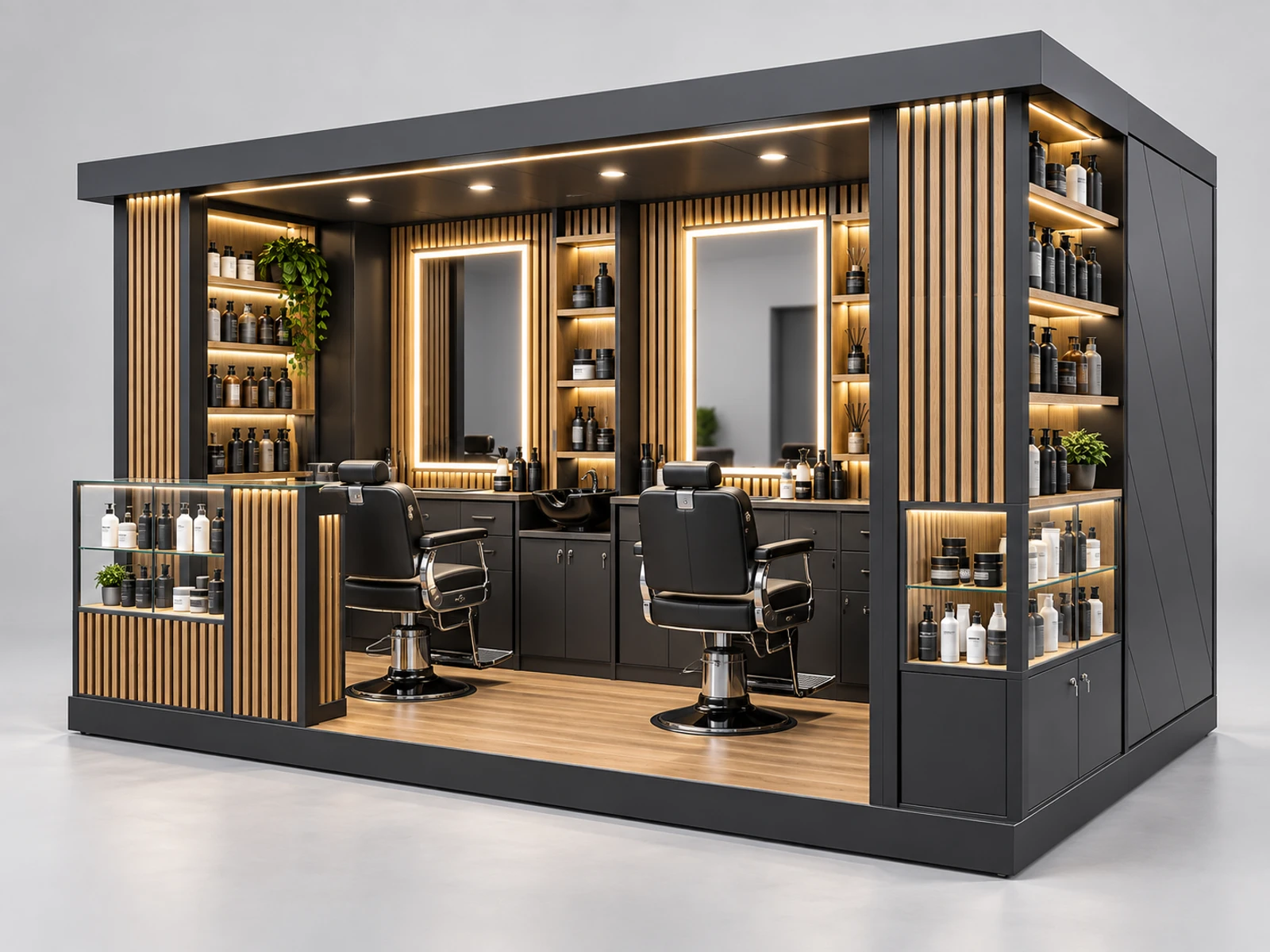 Barber and Product Retail Kiosk with Merchandise Shelving main three-quarter product view